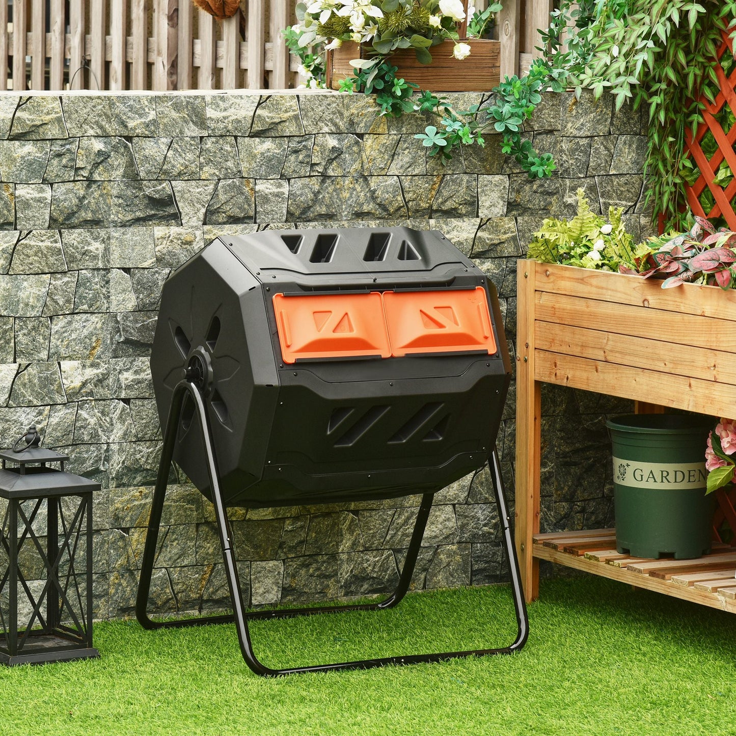 160L Tumbling Compost Bin Outdoor Dual Chamber 360° Rotating Composter, Garden Compost Bin w/ Sliding Doors & Solid Steel Frame, Orange