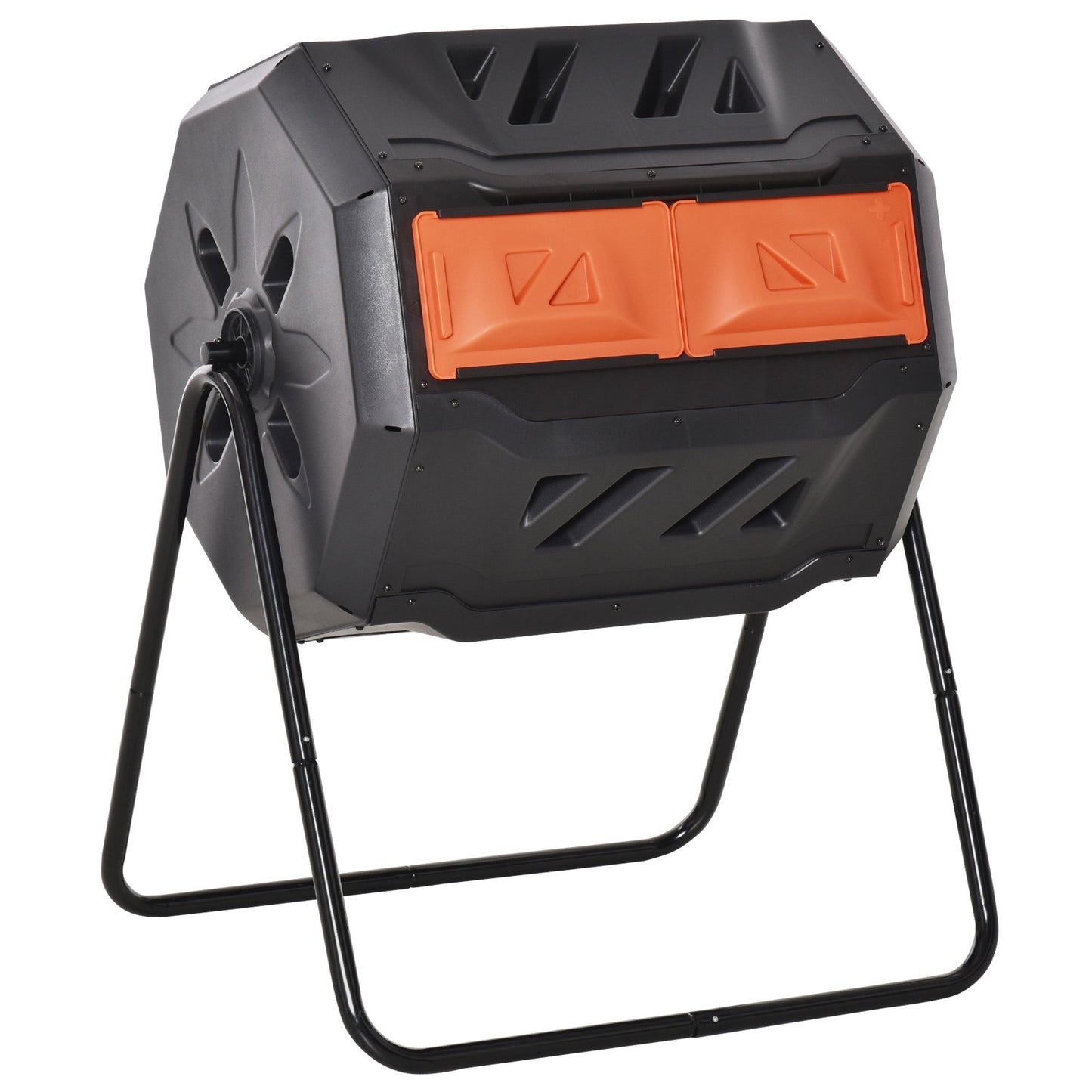 160L Tumbling Compost Bin Outdoor Dual Chamber 360° Rotating Composter, Garden Compost Bin w/ Sliding Doors & Solid Steel Frame, Orange