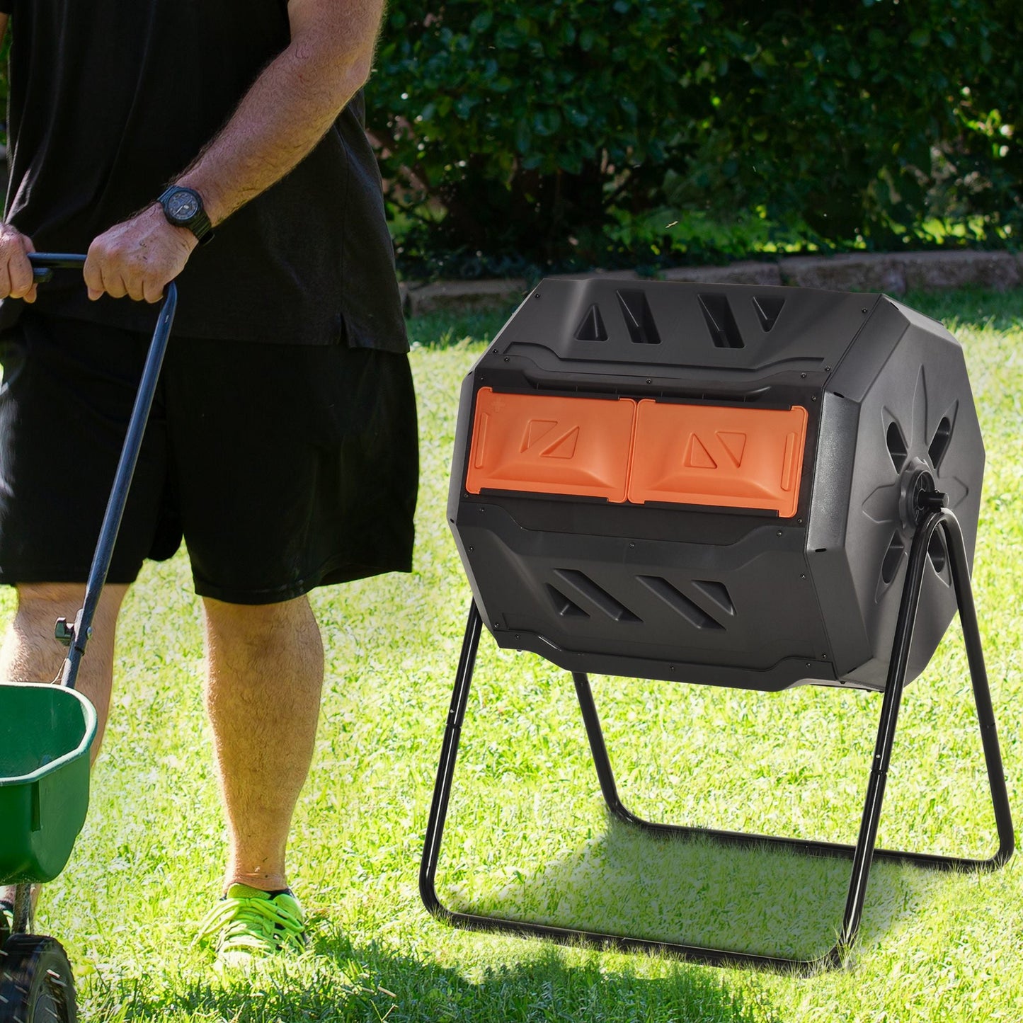 160L Tumbling Compost Bin Outdoor Dual Chamber 360° Rotating Composter, Garden Compost Bin w/ Sliding Doors & Solid Steel Frame, Orange
