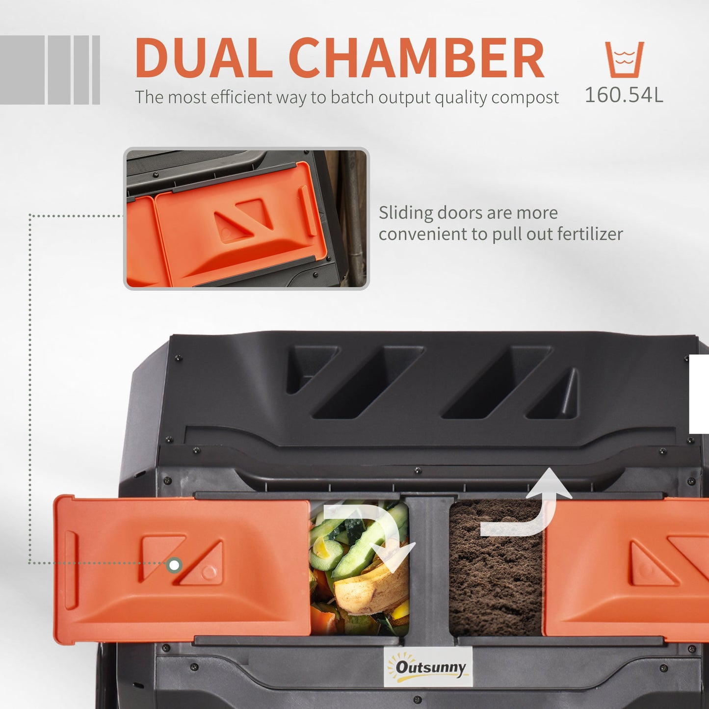 160L Tumbling Compost Bin Outdoor Dual Chamber 360° Rotating Composter, Garden Compost Bin w/ Sliding Doors & Solid Steel Frame, Orange