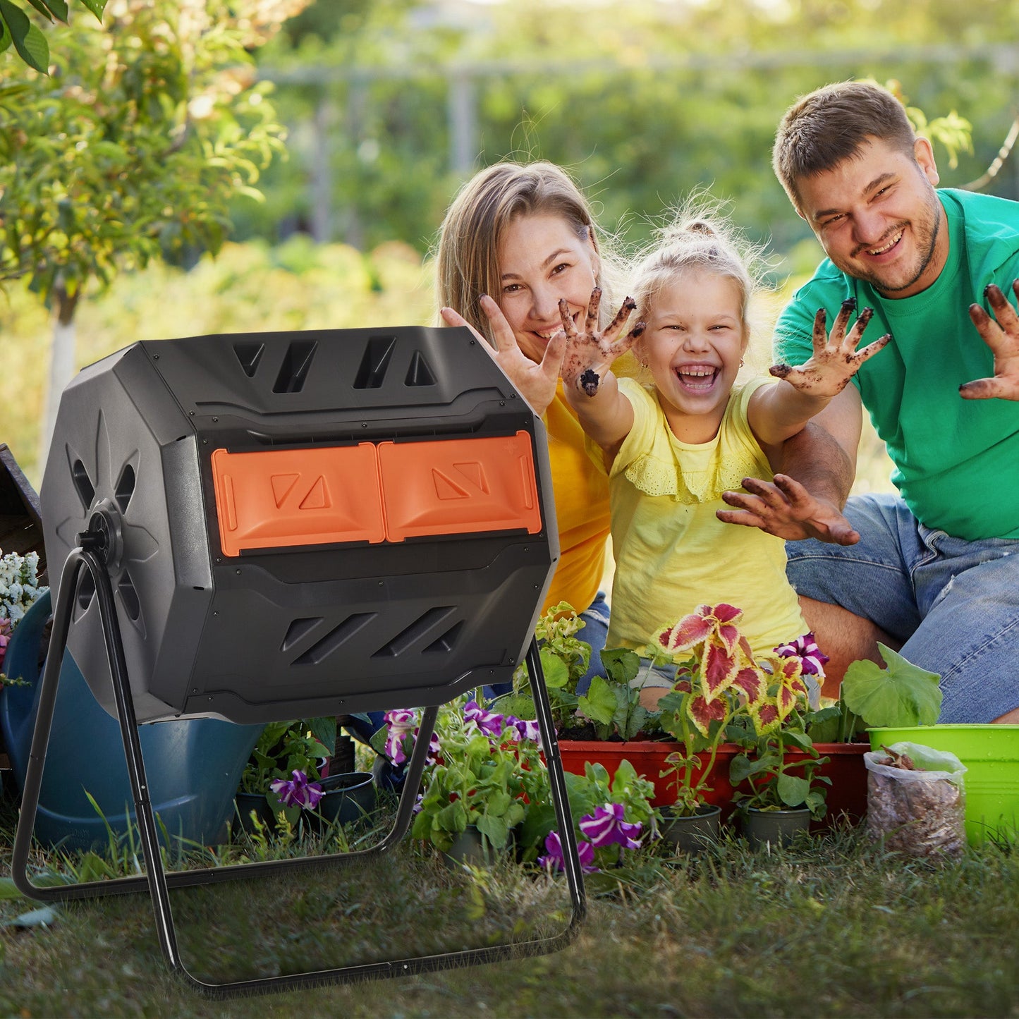 160L Tumbling Compost Bin Outdoor Dual Chamber 360° Rotating Composter, Garden Compost Bin w/ Sliding Doors & Solid Steel Frame, Orange
