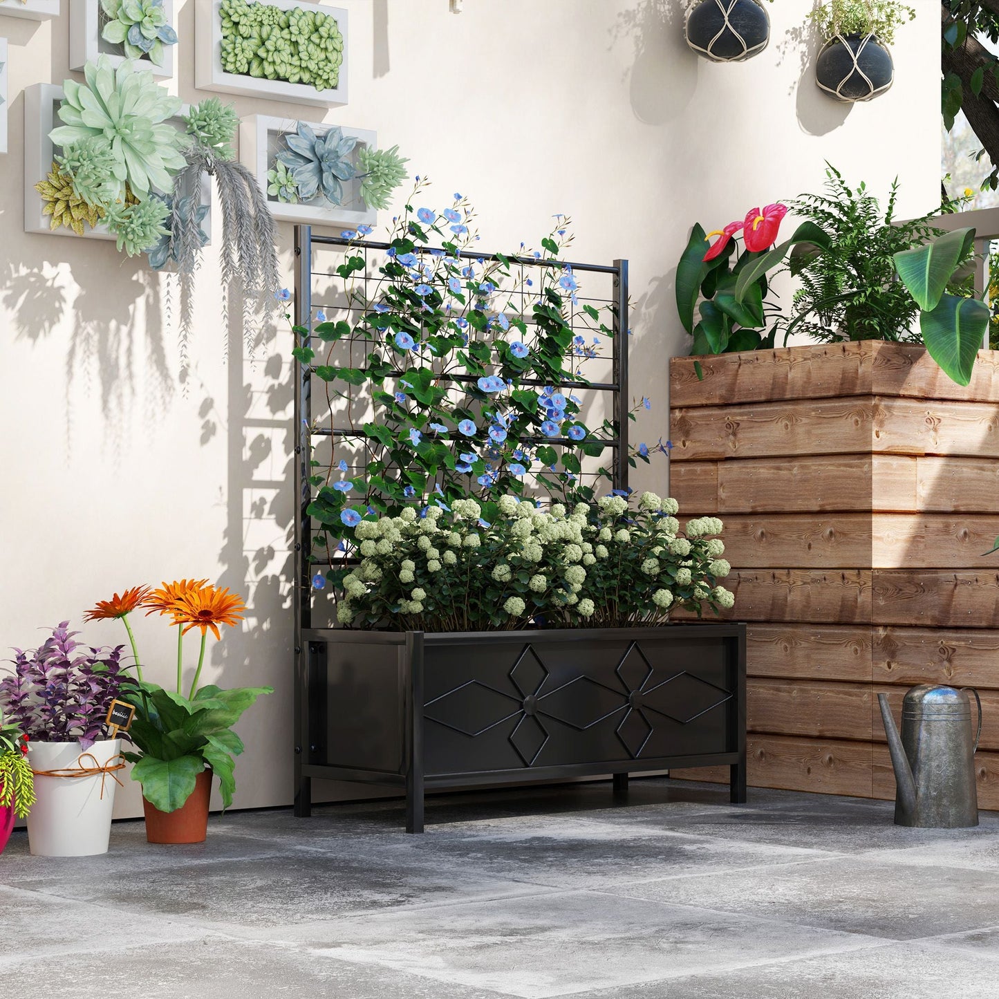 Raised Bed for Garden with Trellis, Galvanised Planter Box with Diamond Pattern, Drainage Holes for Vegetables, Herbs and Flowers, 90 x 40 x 120 cm, Black