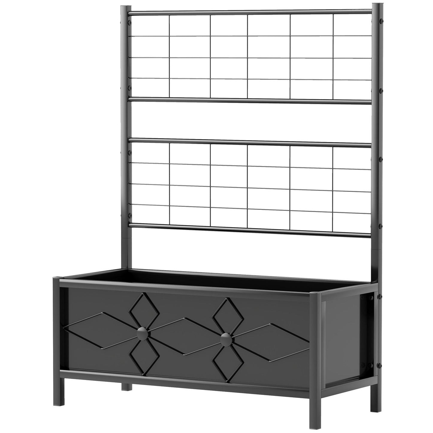 Raised Bed for Garden with Trellis, Galvanised Planter Box with Diamond Pattern, Drainage Holes for Vegetables, Herbs and Flowers, 90 x 40 x 120 cm, Black