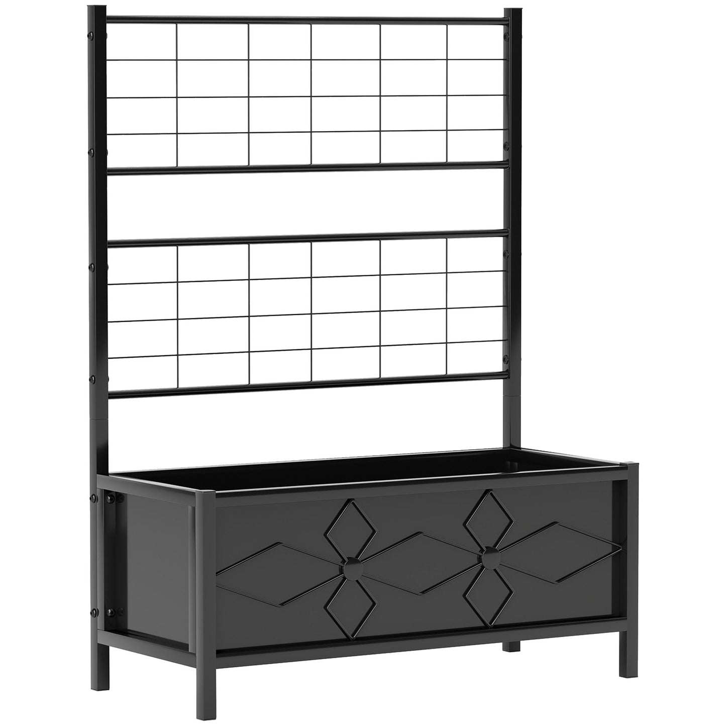 Raised Bed for Garden with Trellis, Galvanised Planter Box with Diamond Pattern, Drainage Holes for Vegetables, Herbs and Flowers, 90 x 40 x 120 cm, Black