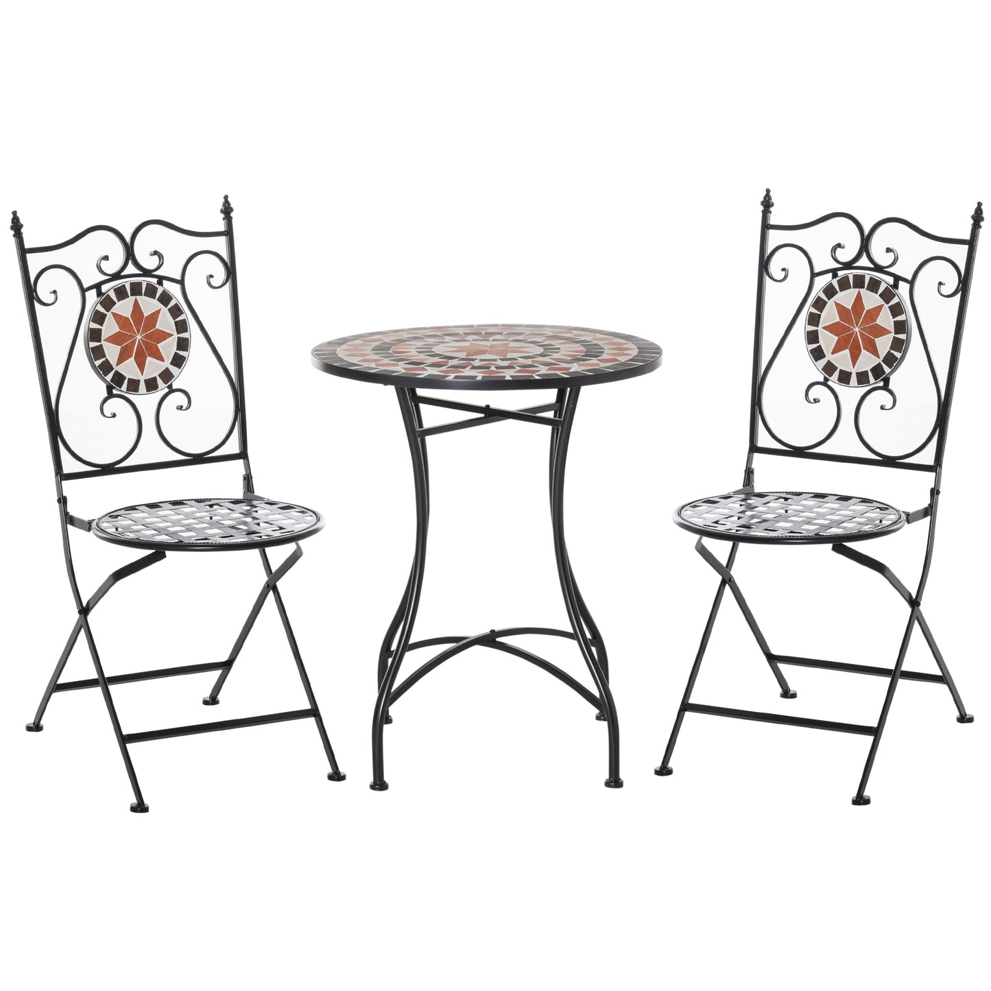 3 Pieces Garden Furniture Set, Bistro Set with 1 Ceramic Tile Round Table and 2 Foldable Chairs for Outdoor, Indoor, Patio, Balcony, Black