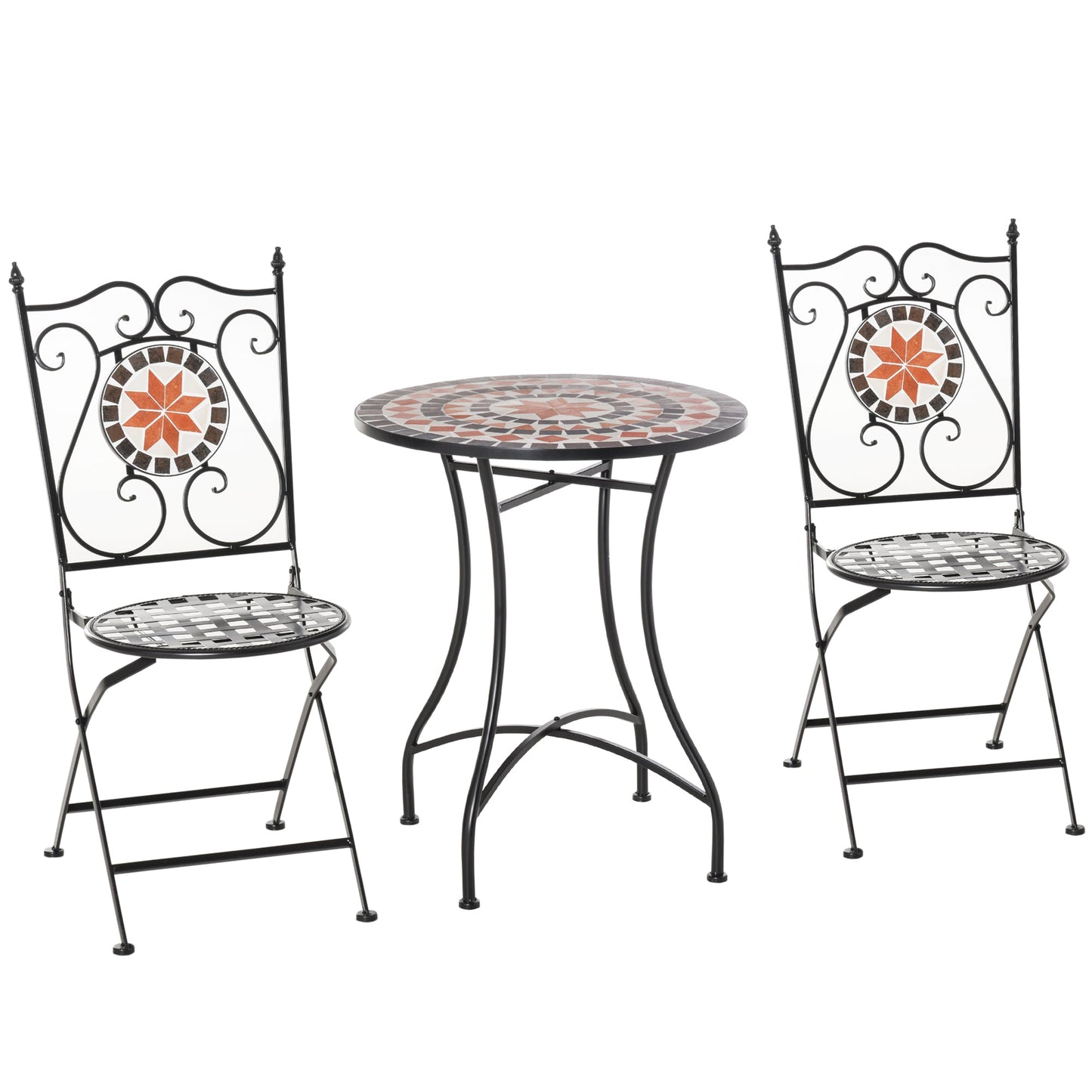 3 Pieces Garden Furniture Set, Bistro Set with 1 Ceramic Tile Round Table and 2 Foldable Chairs for Outdoor, Indoor, Patio, Balcony, Black