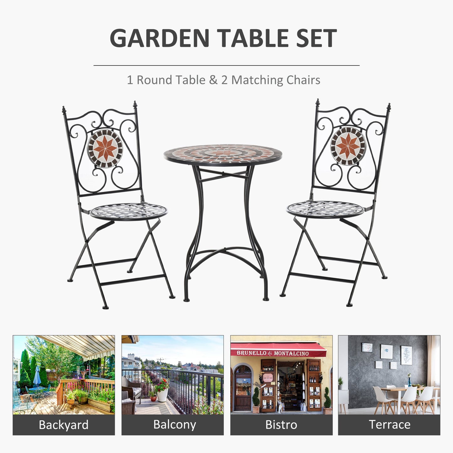 3 Pieces Garden Furniture Set, Bistro Set with 1 Ceramic Tile Round Table and 2 Foldable Chairs for Outdoor, Indoor, Patio, Balcony, Black