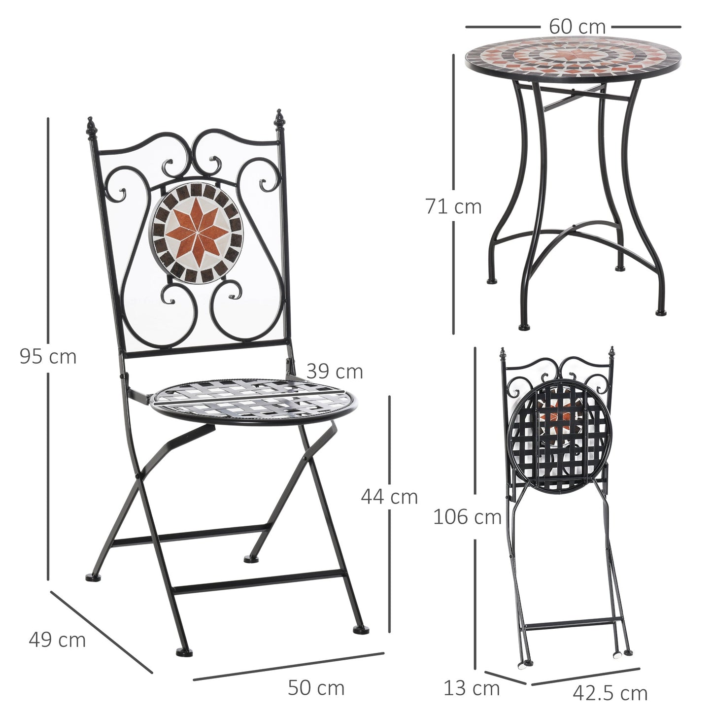 3 Pieces Garden Furniture Set, Bistro Set with 1 Ceramic Tile Round Table and 2 Foldable Chairs for Outdoor, Indoor, Patio, Balcony, Black