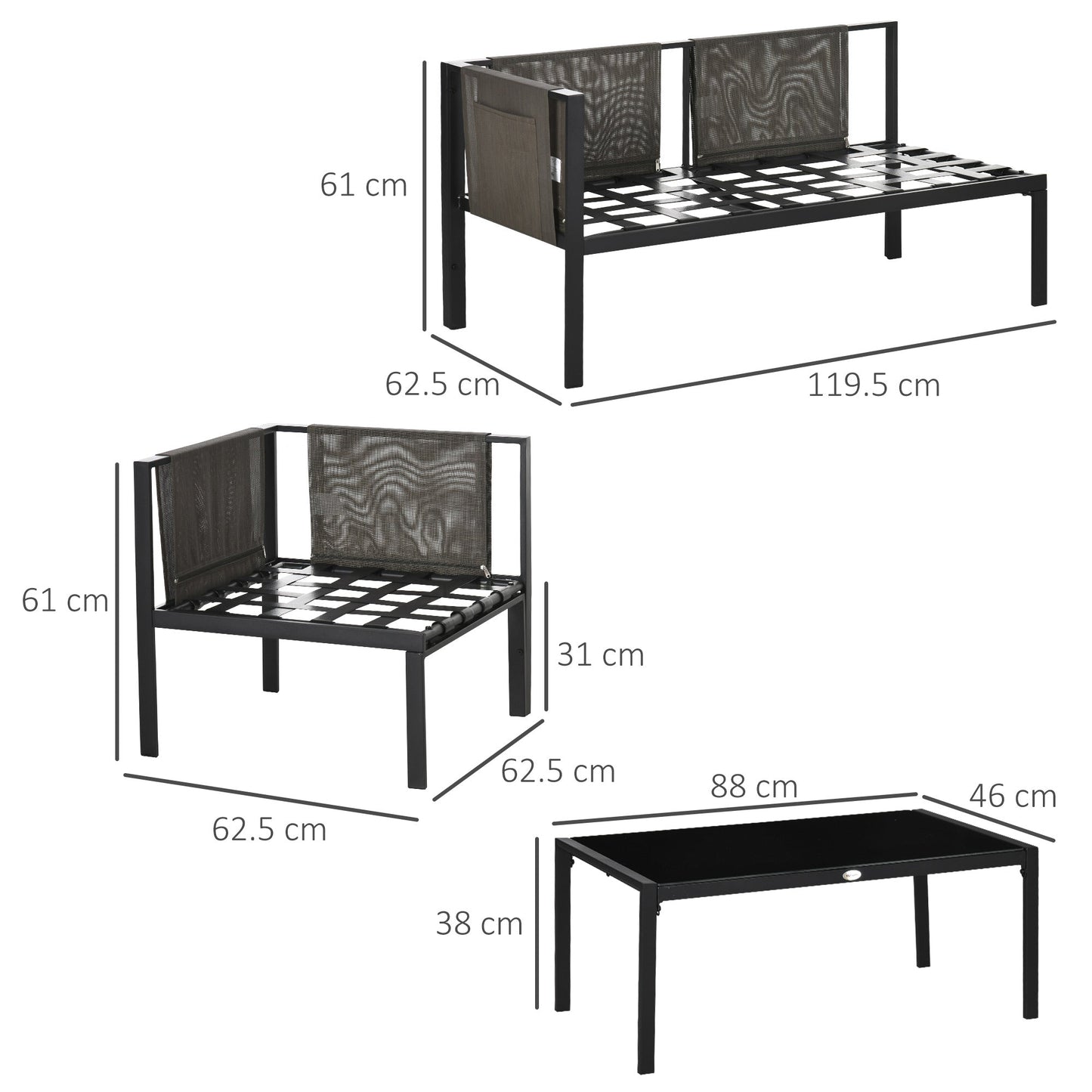 5 Seater Garden Corner Sofa Set, 4 Pieces Metal Garden Furniture Set with Loveseats, Glass Top Coffee Table, Breathable Mesh Pocket, Outdoor Conversation Furniture with Cushions, Light Grey