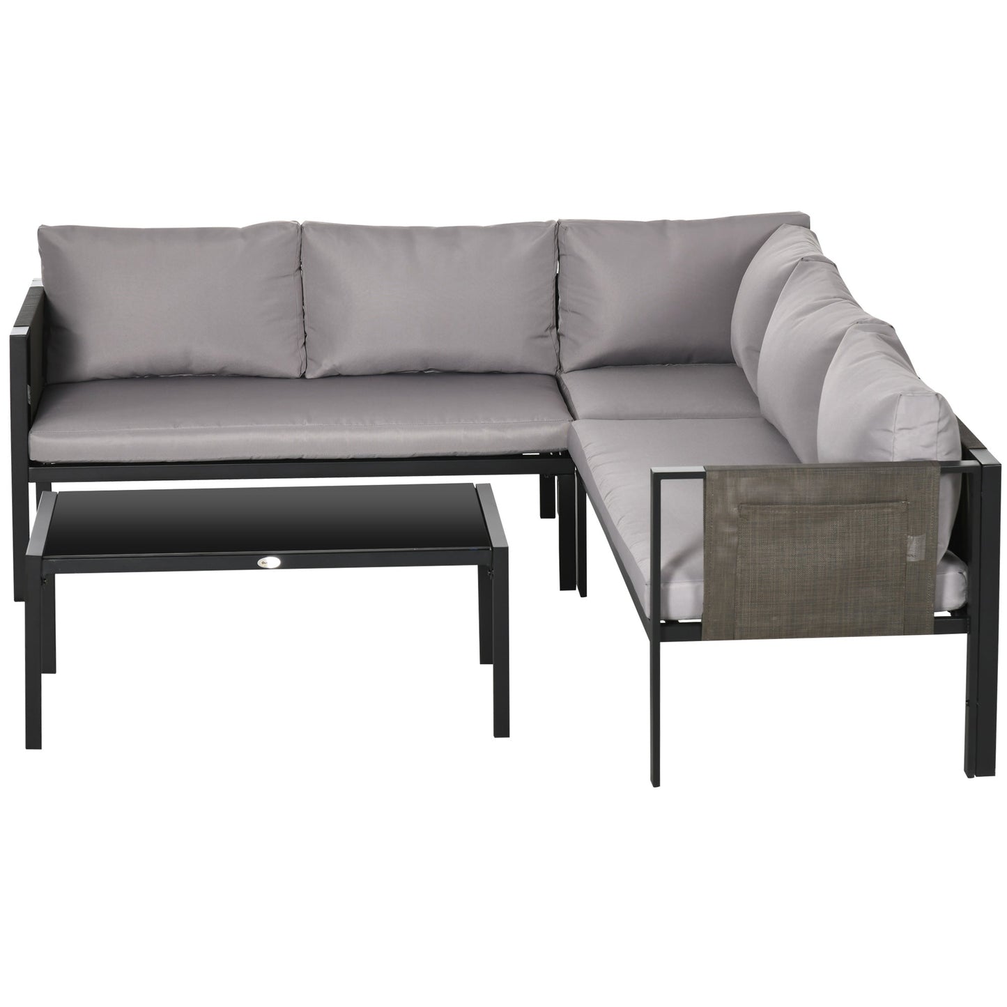 5 Seater Garden Corner Sofa Set, 4 Pieces Metal Garden Furniture Set with Loveseats, Glass Top Coffee Table, Breathable Mesh Pocket, Outdoor Conversation Furniture with Cushions, Light Grey