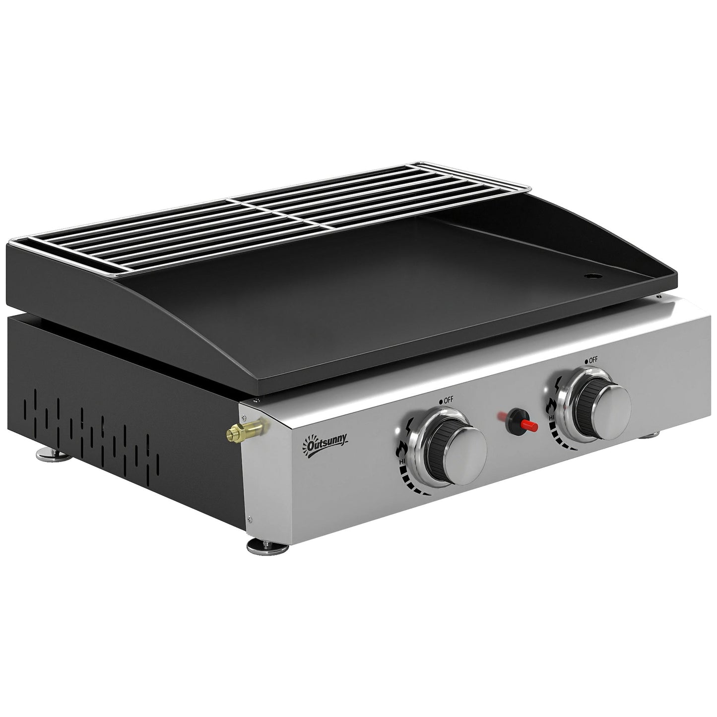 2 Burner Grill Griddle, Portable Gas Plancha with Warming Rack, 5 kW, Tabletop Gas BBQ with Grease Cup for Camping Picnic Patios, Black