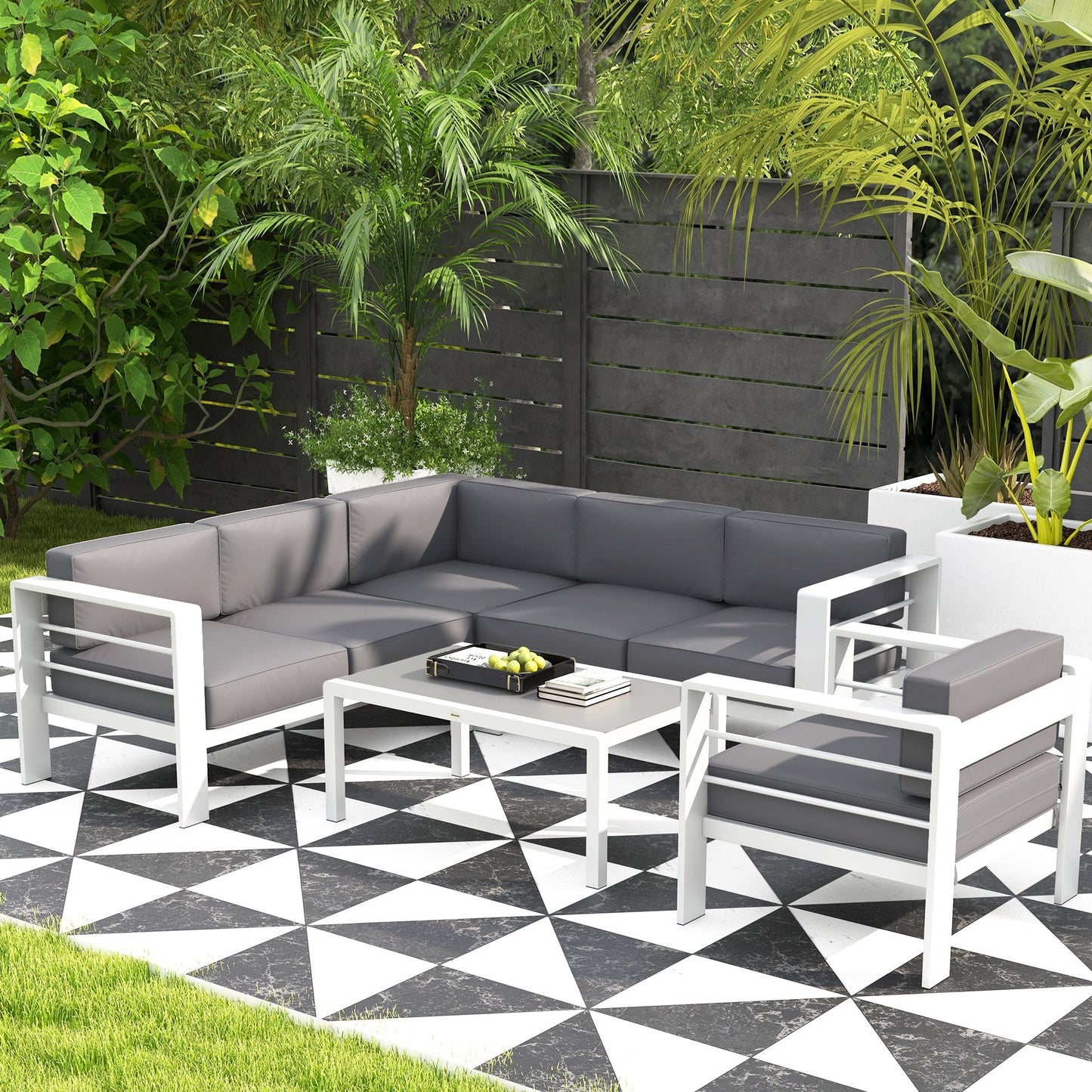 5-Piece Garden Sofa Set with Cushions, 6 Seater Aluminium Garden Furniture Set with Glass Top Coffee Table, Patio Sectional Conservatory Furniture for Patio & Terrace, Light Grey