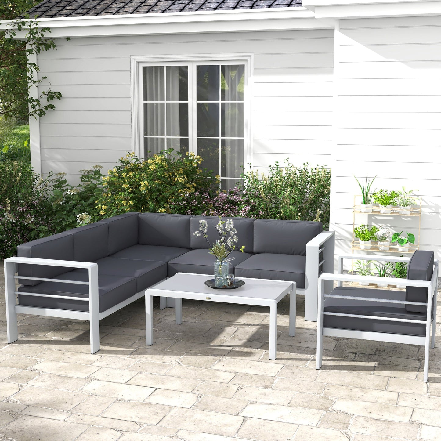 5-Piece Garden Sofa Set with Cushions, 6 Seater Aluminium Garden Furniture Set with Glass Top Coffee Table, Patio Sectional Conservatory Furniture for Patio & Terrace, Light Grey