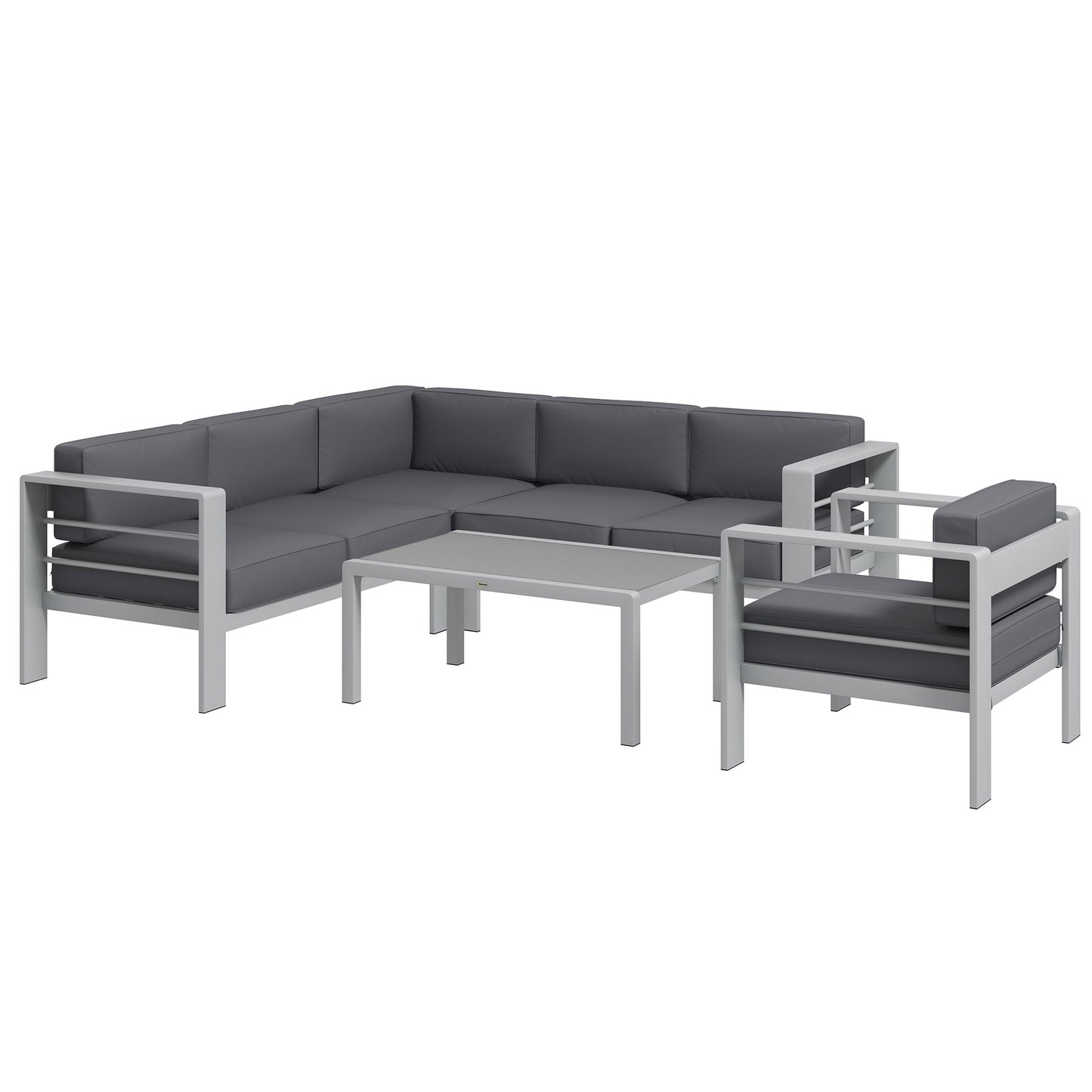 5-Piece Garden Sofa Set with Cushions, 6 Seater Aluminium Garden Furniture Set with Glass Top Coffee Table, Patio Sectional Conservatory Furniture for Patio & Terrace, Light Grey