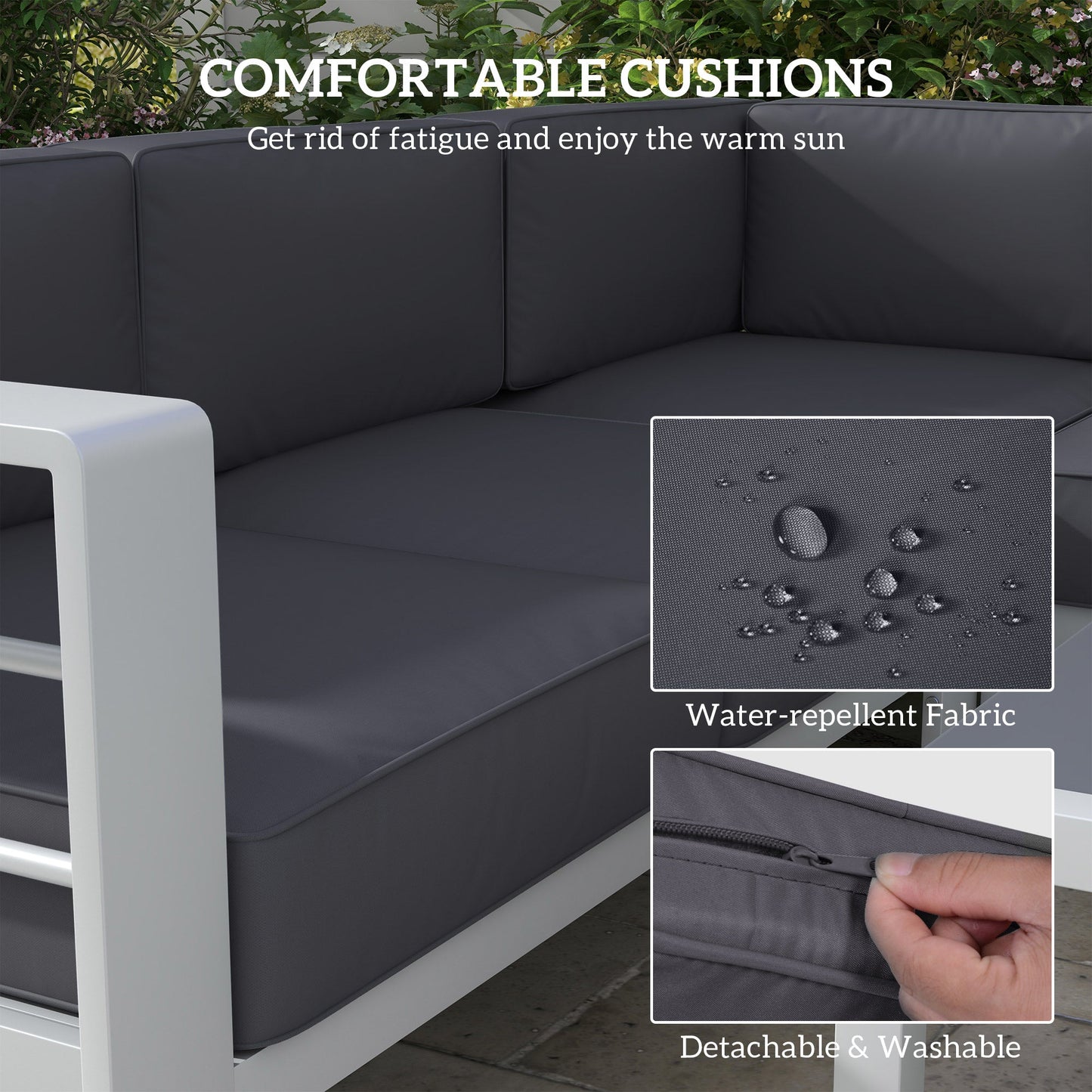 5-Piece Garden Sofa Set with Cushions, 6 Seater Aluminium Garden Furniture Set with Glass Top Coffee Table, Patio Sectional Conservatory Furniture for Patio & Terrace, Light Grey