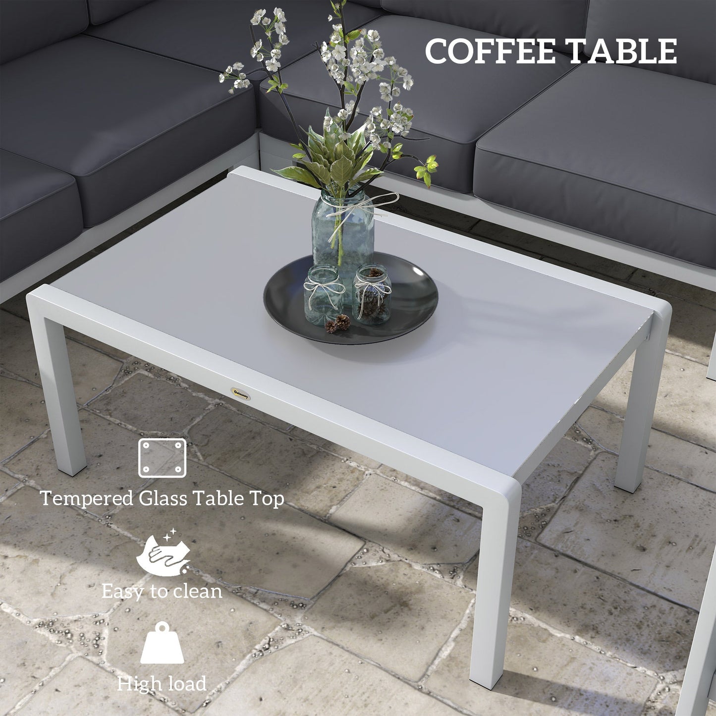 5-Piece Garden Sofa Set with Cushions, 6 Seater Aluminium Garden Furniture Set with Glass Top Coffee Table, Patio Sectional Conservatory Furniture for Patio & Terrace, Light Grey