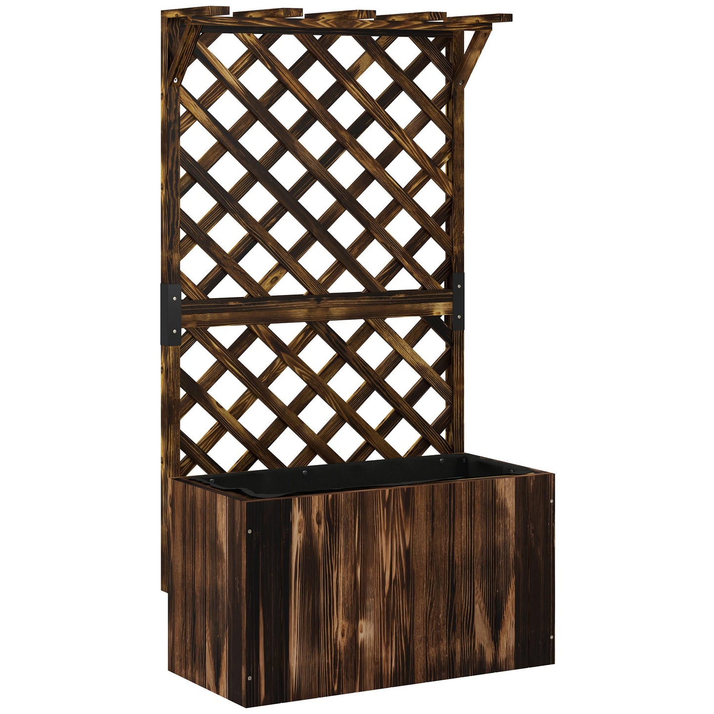 Wooden Planter with Trellis, Freestanding Raised Garden Bed with Drainage Holes, Outdoor Planter Box with Liner for Vegetables, Herbs and Flowers, Carbonised