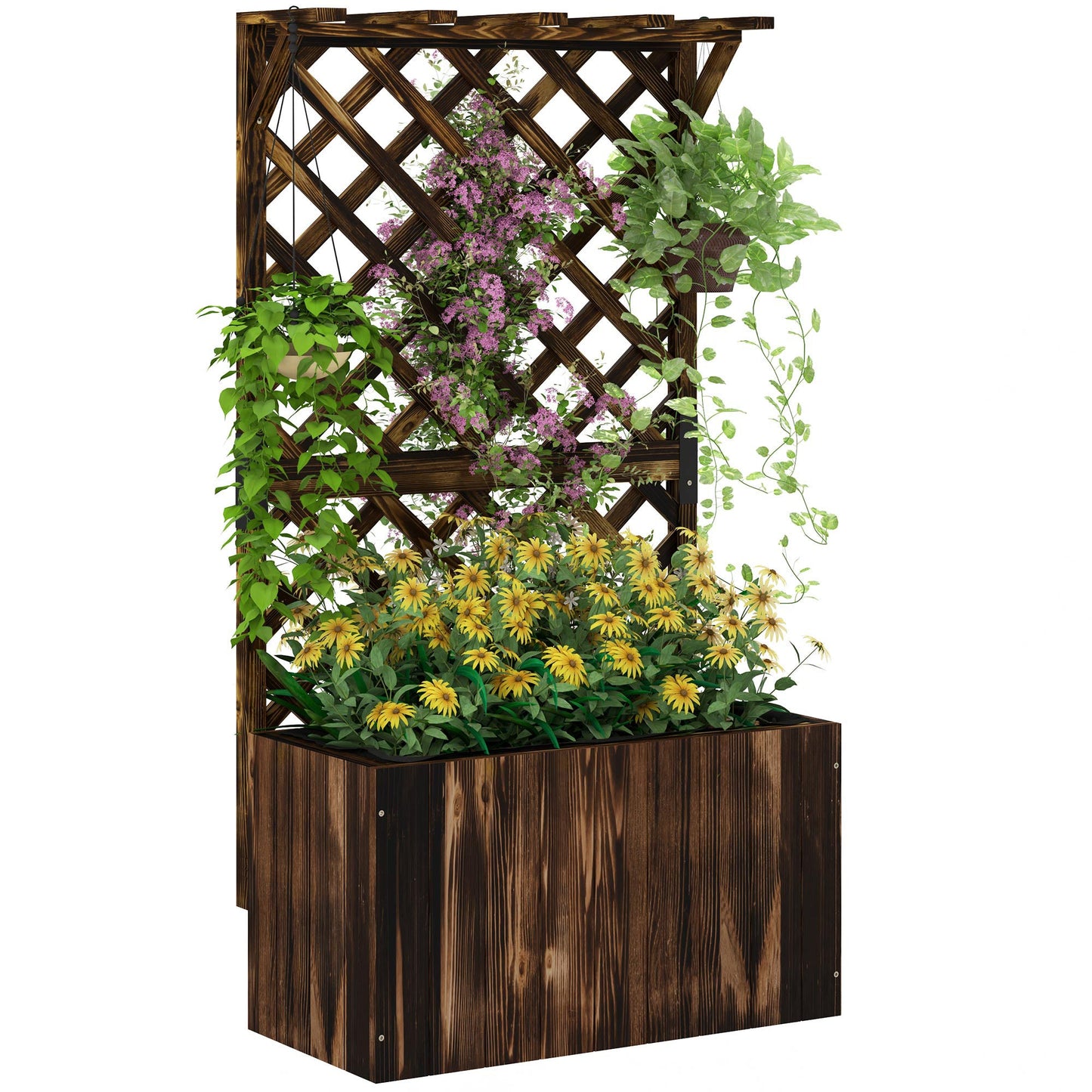 Wooden Planter with Trellis, Freestanding Raised Garden Bed with Drainage Holes, Outdoor Planter Box with Liner for Vegetables, Herbs and Flowers, Carbonised
