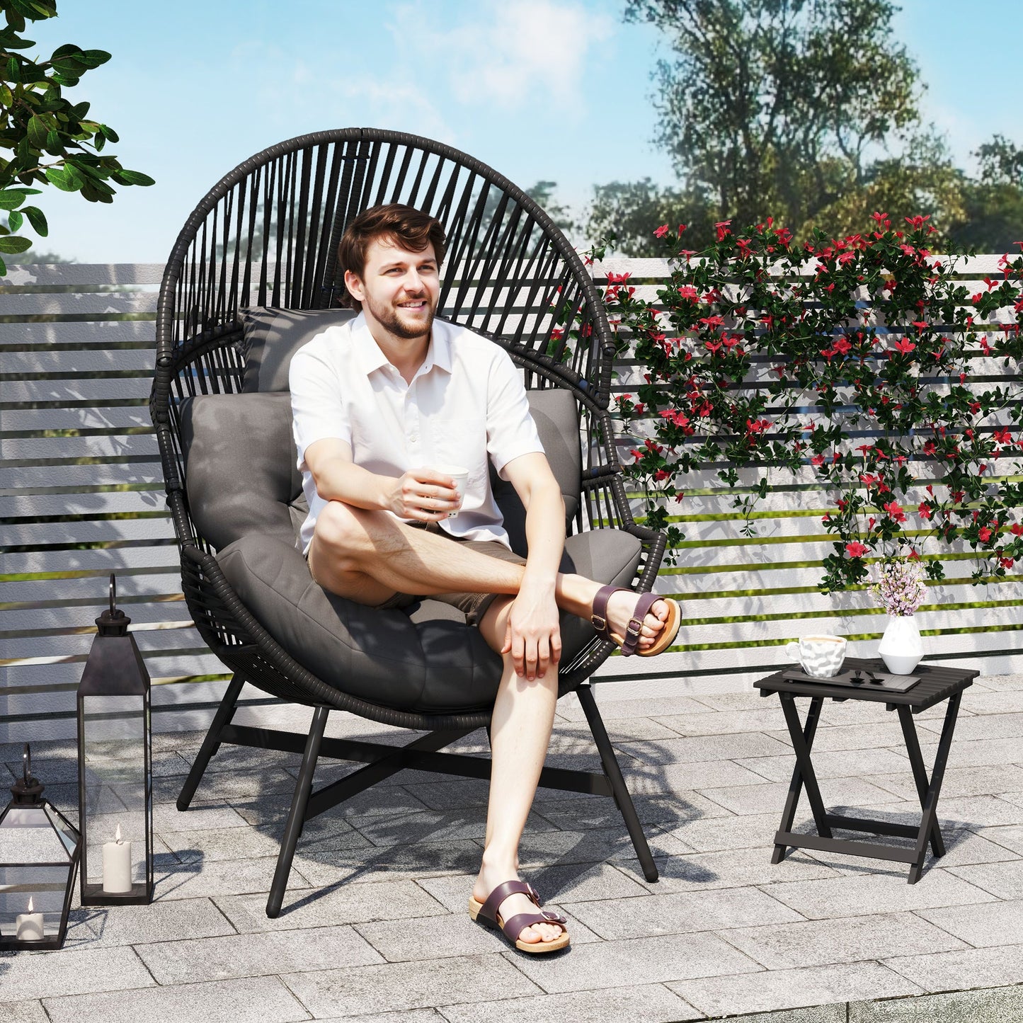 Standing Rattan Egg Chair Outdoor, Oversized Wicker Garden Egg Chair with Thick Tufted Cushion, Headrest, Steel Frame, Charcoal Grey