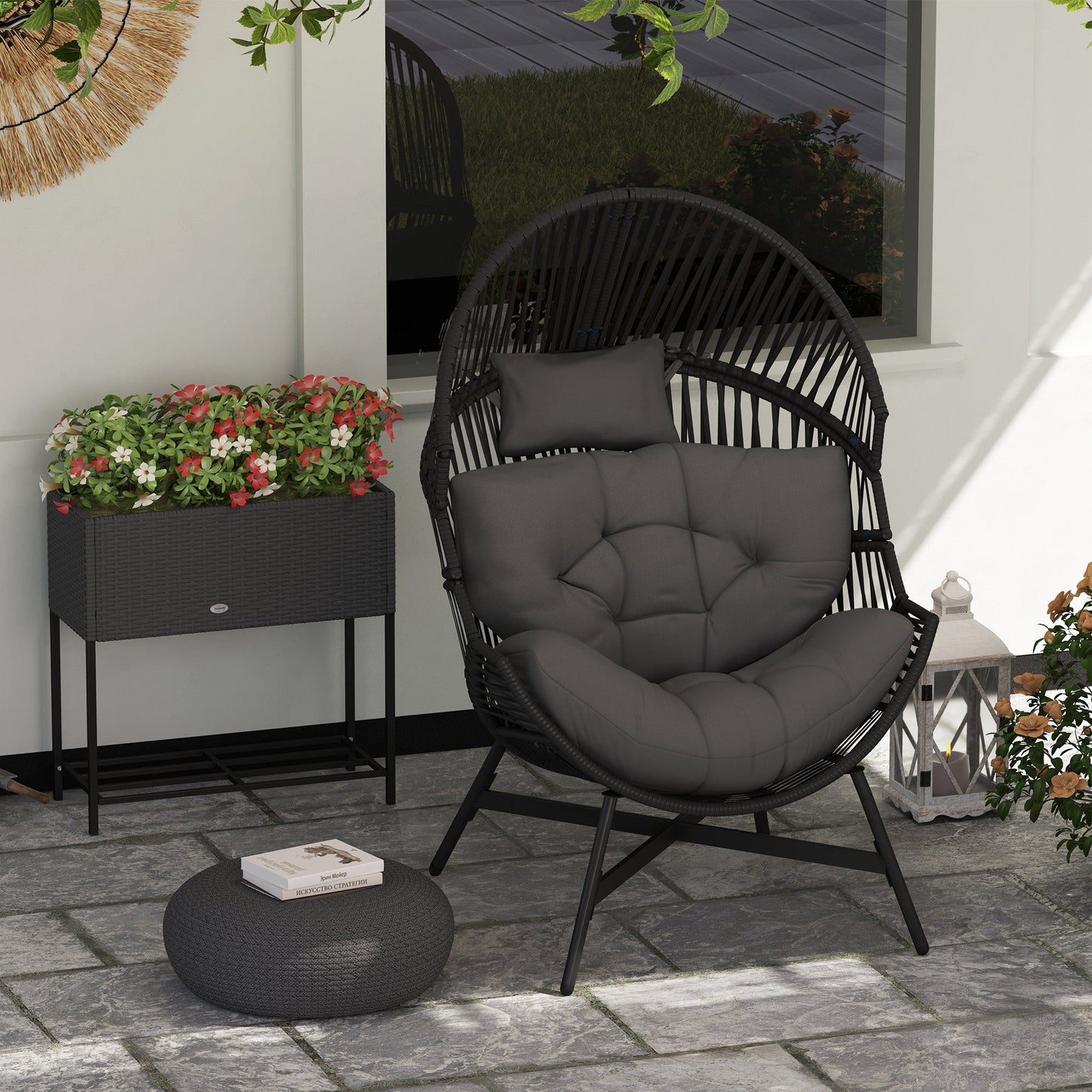 Standing Rattan Egg Chair Outdoor, Oversized Wicker Garden Egg Chair with Thick Tufted Cushion, Headrest, Steel Frame, Charcoal Grey
