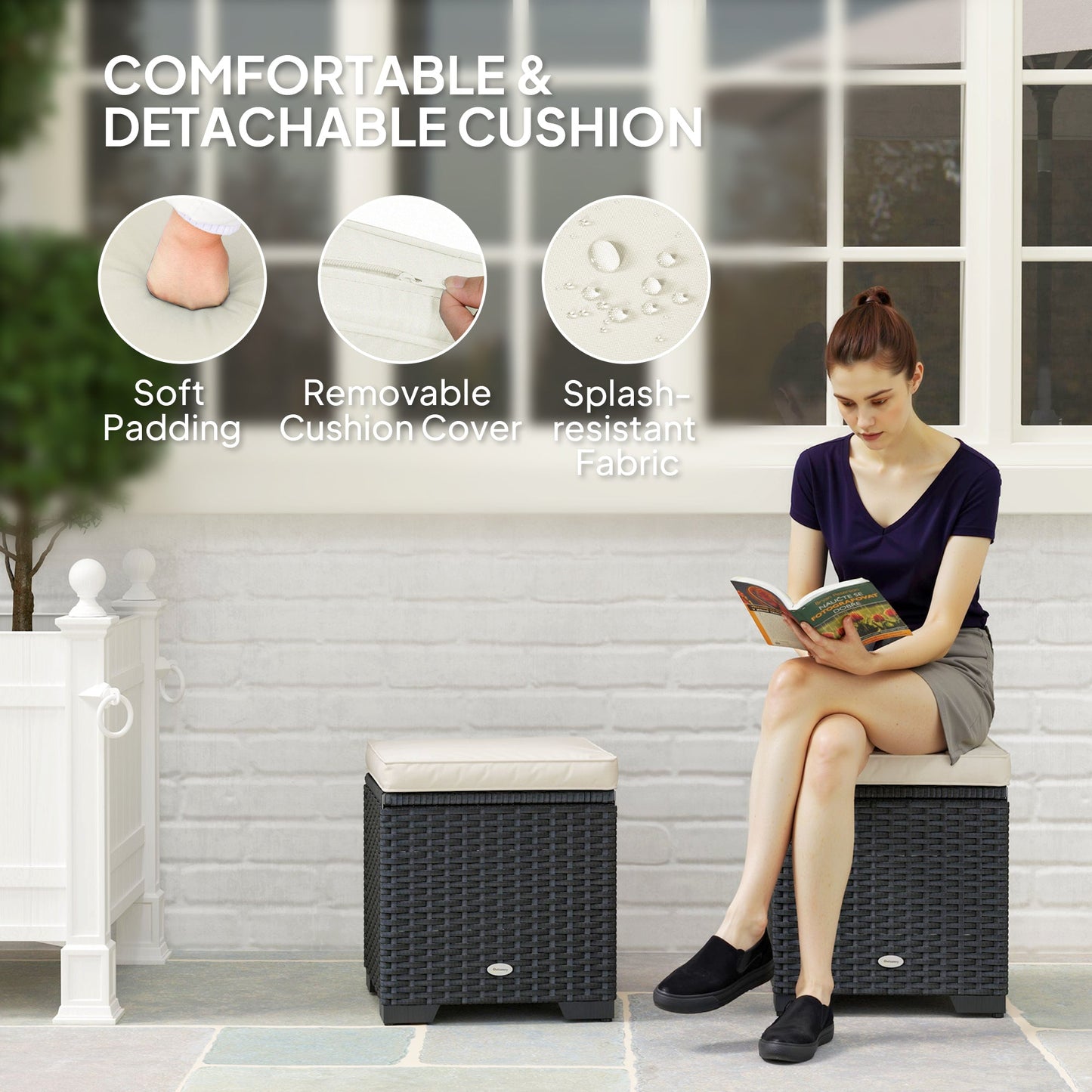 Set of 2 Rattan Storage Ottoman, Outdoor Footstool with Removable Cushions, Garden Storage Seat for Balcony, Poolside, Living Room, Cream