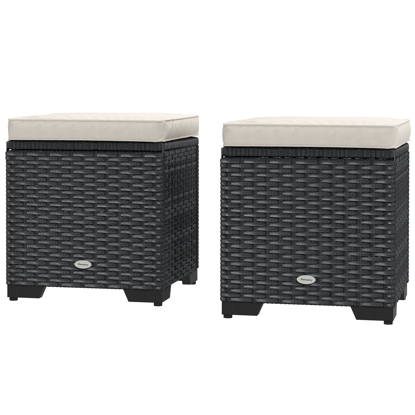 Set of 2 Rattan Storage Ottoman, Outdoor Footstool with Removable Cushions, Garden Storage Seat for Balcony, Poolside, Living Room, Cream