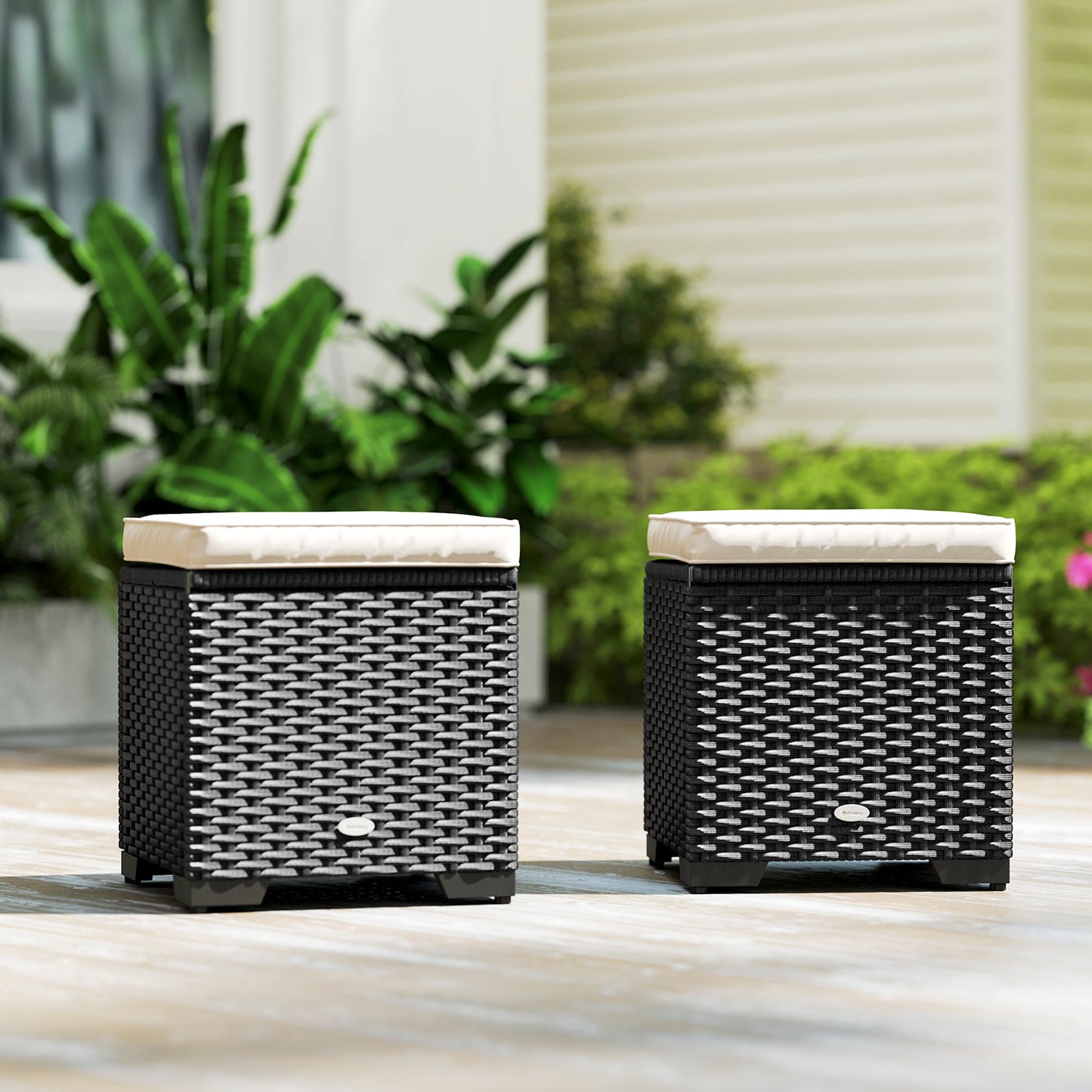 Set of 2 Rattan Storage Ottoman, Outdoor Footstool with Removable Cushions, Garden Storage Seat for Balcony, Poolside, Living Room, Cream