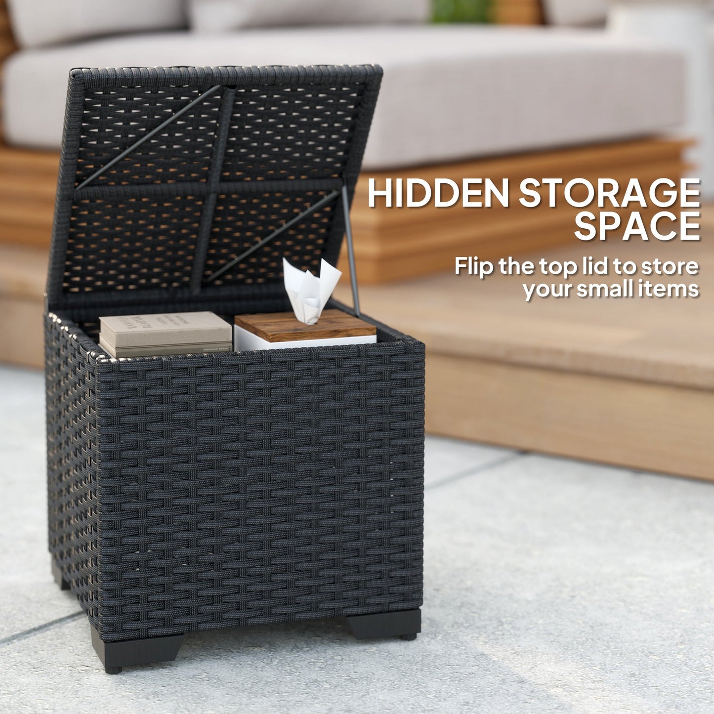 Set of 2 Rattan Storage Ottoman, Outdoor Footstool with Removable Cushions, Garden Storage Seat for Balcony, Poolside, Living Room, Cream