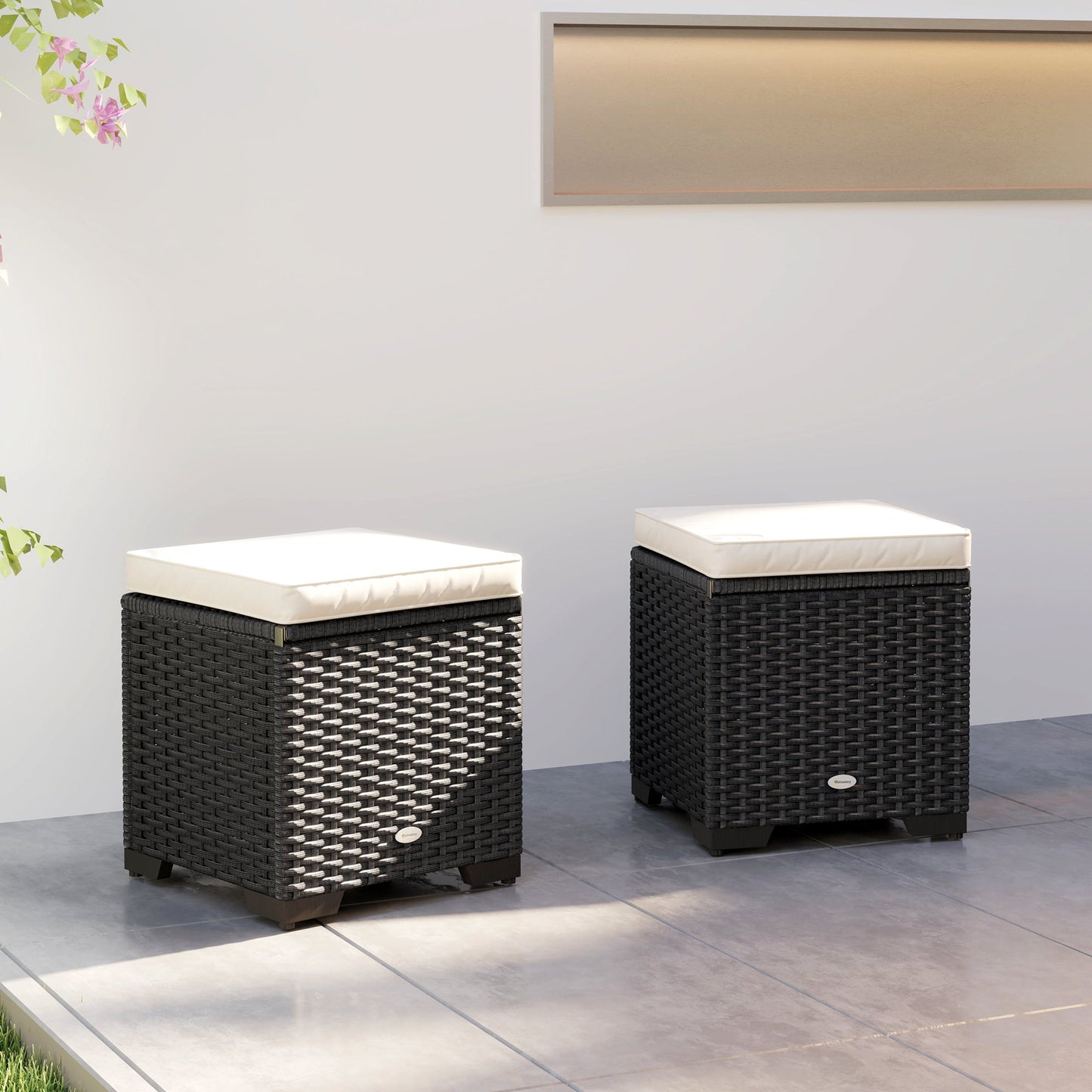 Set of 2 Rattan Storage Ottoman, Outdoor Footstool with Removable Cushions, Garden Storage Seat for Balcony, Poolside, Living Room, Cream