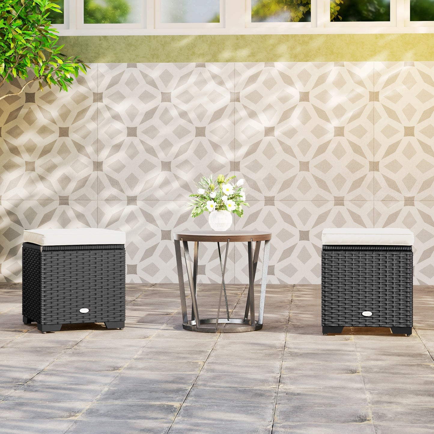 Set of 2 Rattan Storage Ottoman, Outdoor Footstool with Removable Cushions, Garden Storage Seat for Balcony, Poolside, Living Room, Cream
