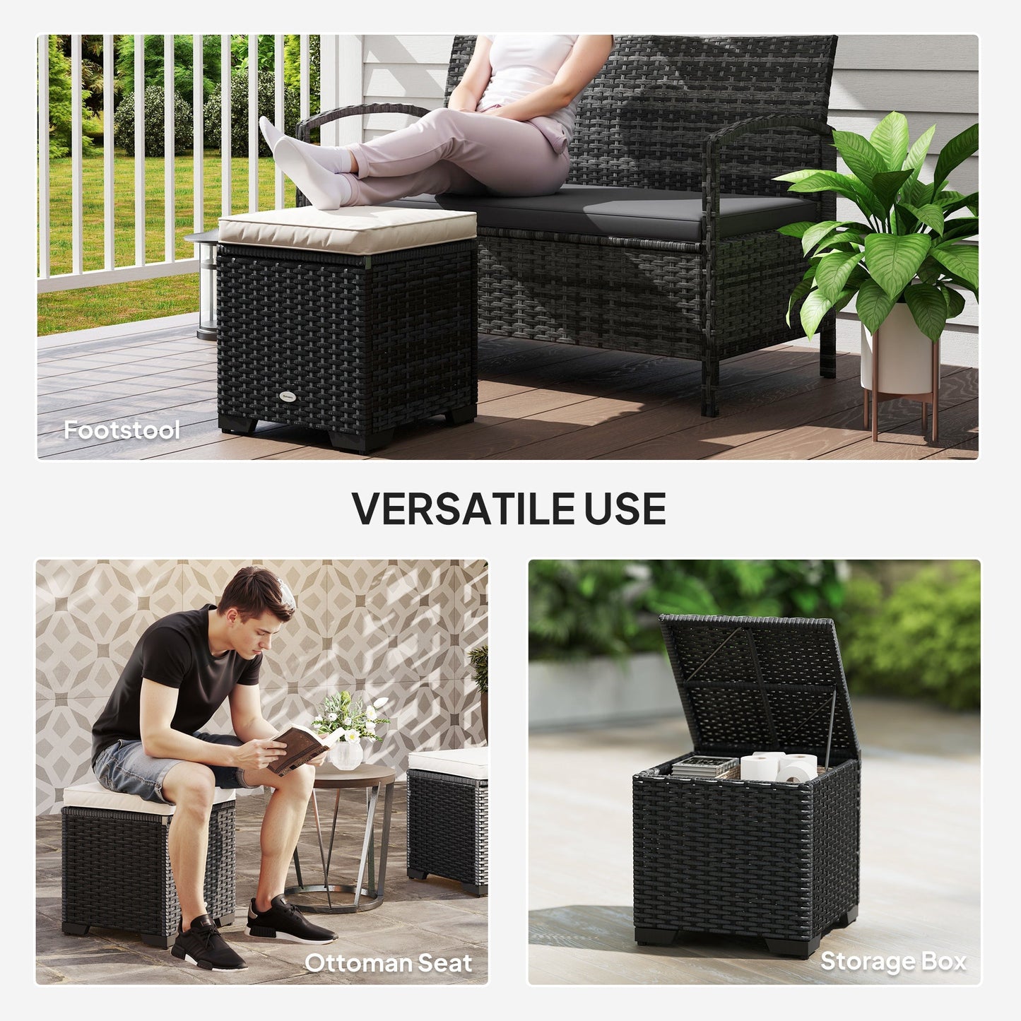 Set of 2 Rattan Storage Ottoman, Outdoor Footstool with Removable Cushions, Garden Storage Seat for Balcony, Poolside, Living Room, Cream