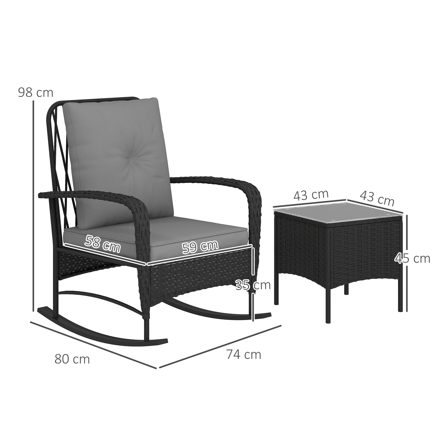 3 Pieces Rattan Bistro Set, Wicker Garden Furniture Set with Cushions, Glass Top Coffee Table and Rocking Chairs, Small Balcony Furniture for Outdoor, Porch, Black