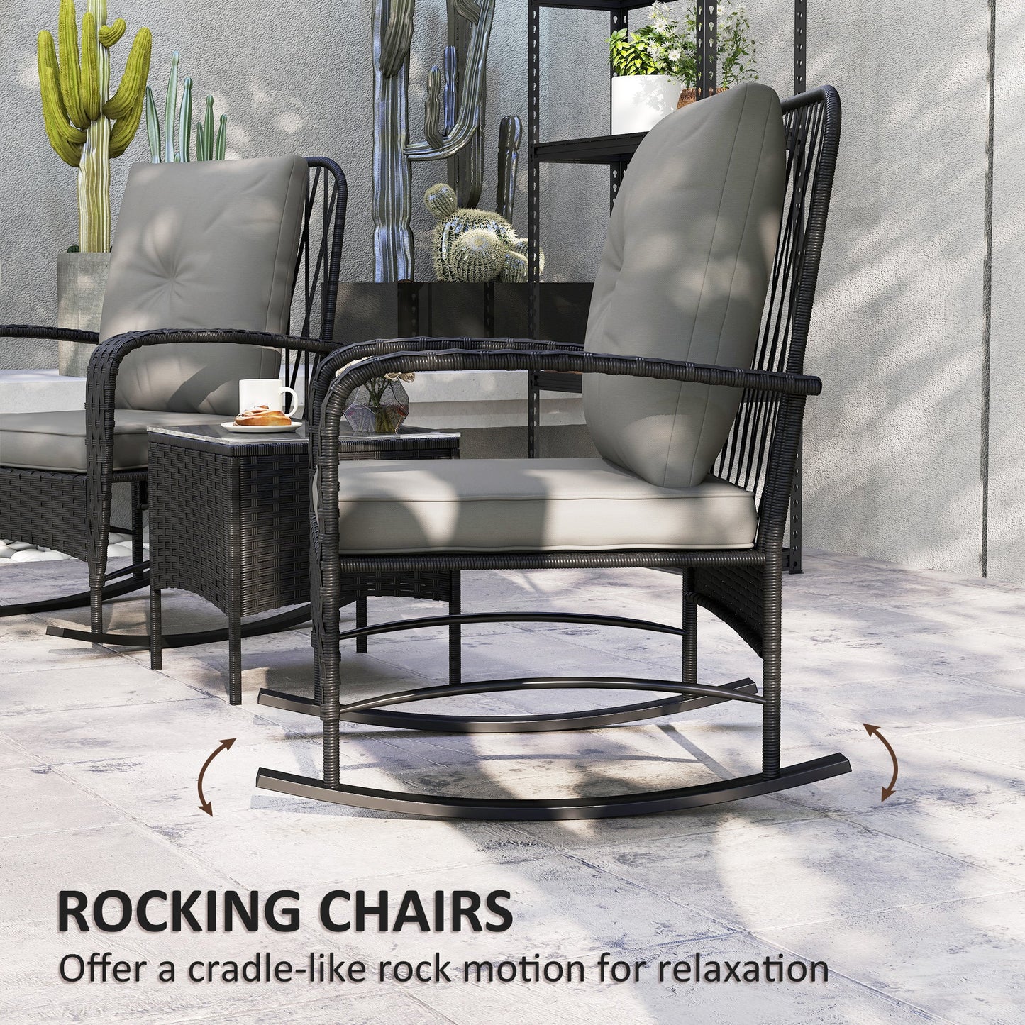 3 Pieces Rattan Bistro Set, Wicker Garden Furniture Set with Cushions, Glass Top Coffee Table and Rocking Chairs, Small Balcony Furniture for Outdoor, Porch, Black