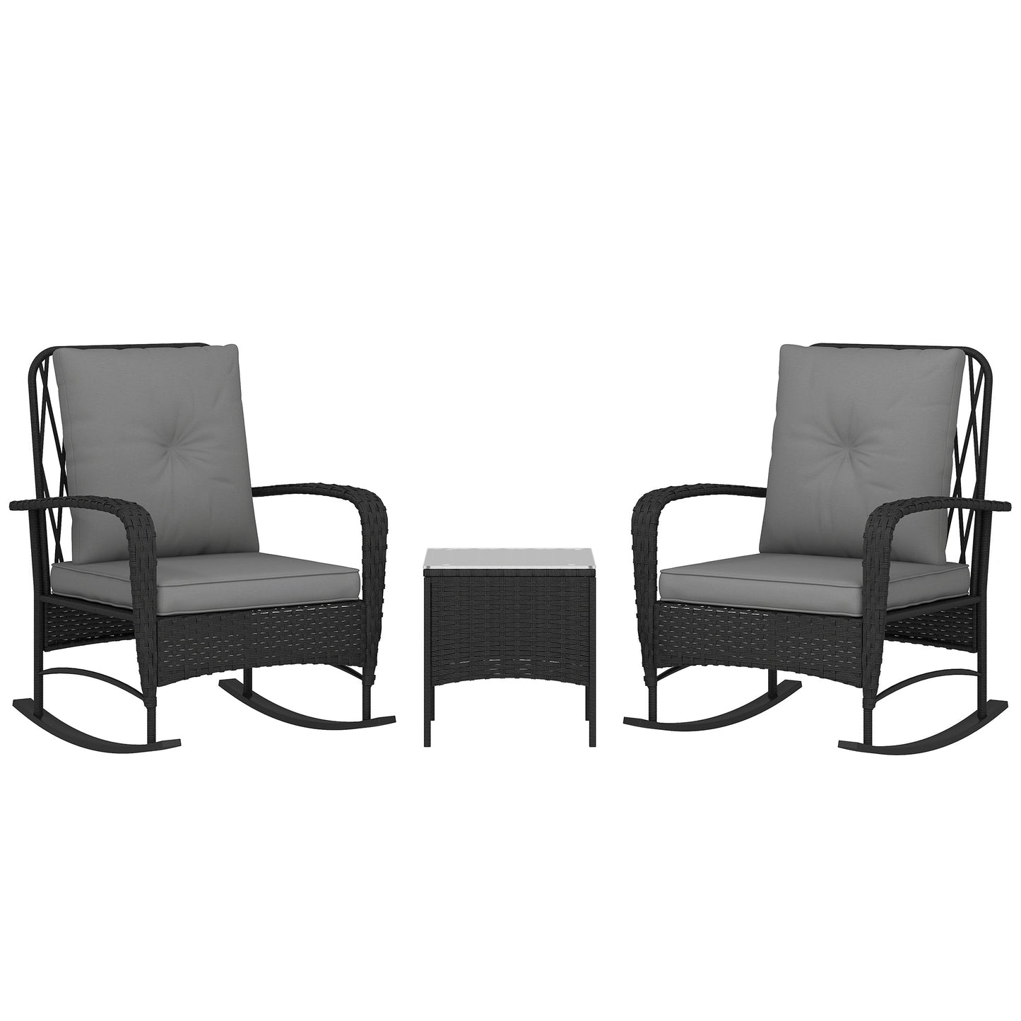 3 Pieces Rattan Bistro Set, Wicker Garden Furniture Set with Cushions, Glass Top Coffee Table and Rocking Chairs, Small Balcony Furniture for Outdoor, Porch, Black