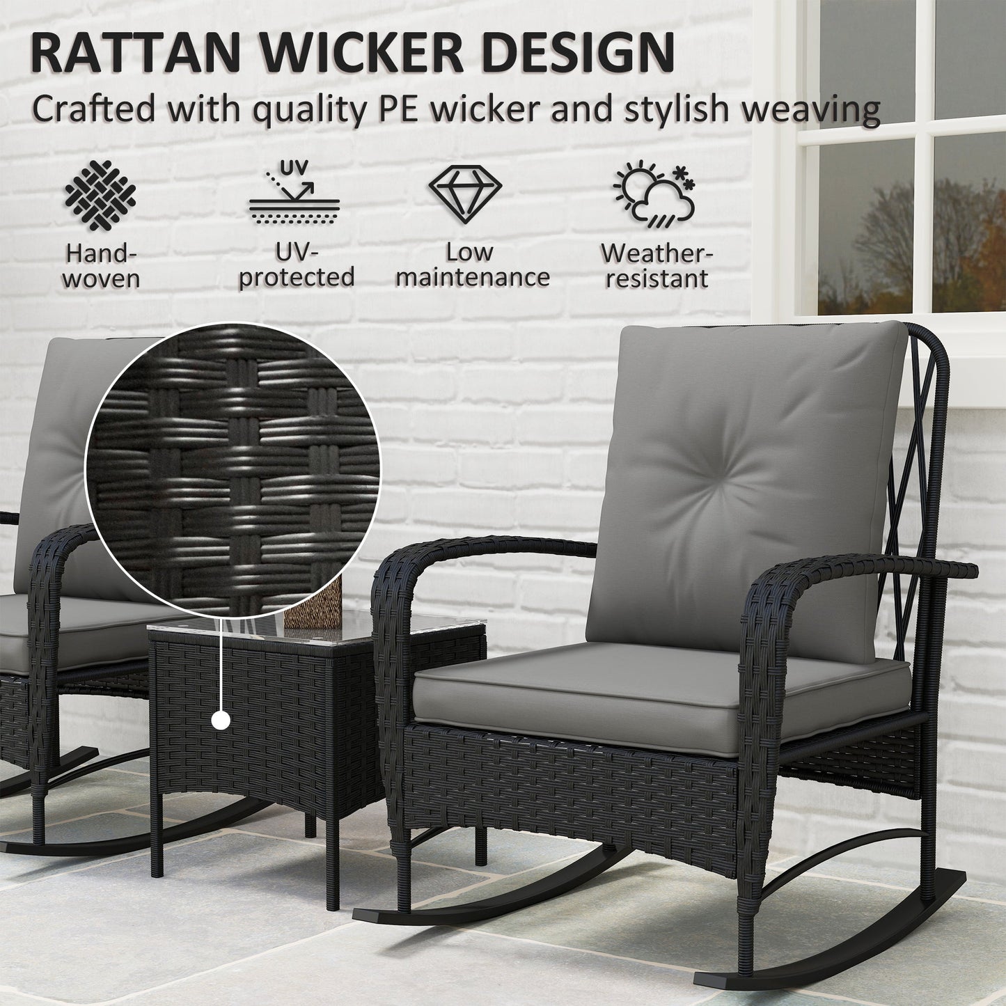 3 Pieces Rattan Bistro Set, Wicker Garden Furniture Set with Cushions, Glass Top Coffee Table and Rocking Chairs, Small Balcony Furniture for Outdoor, Porch, Black