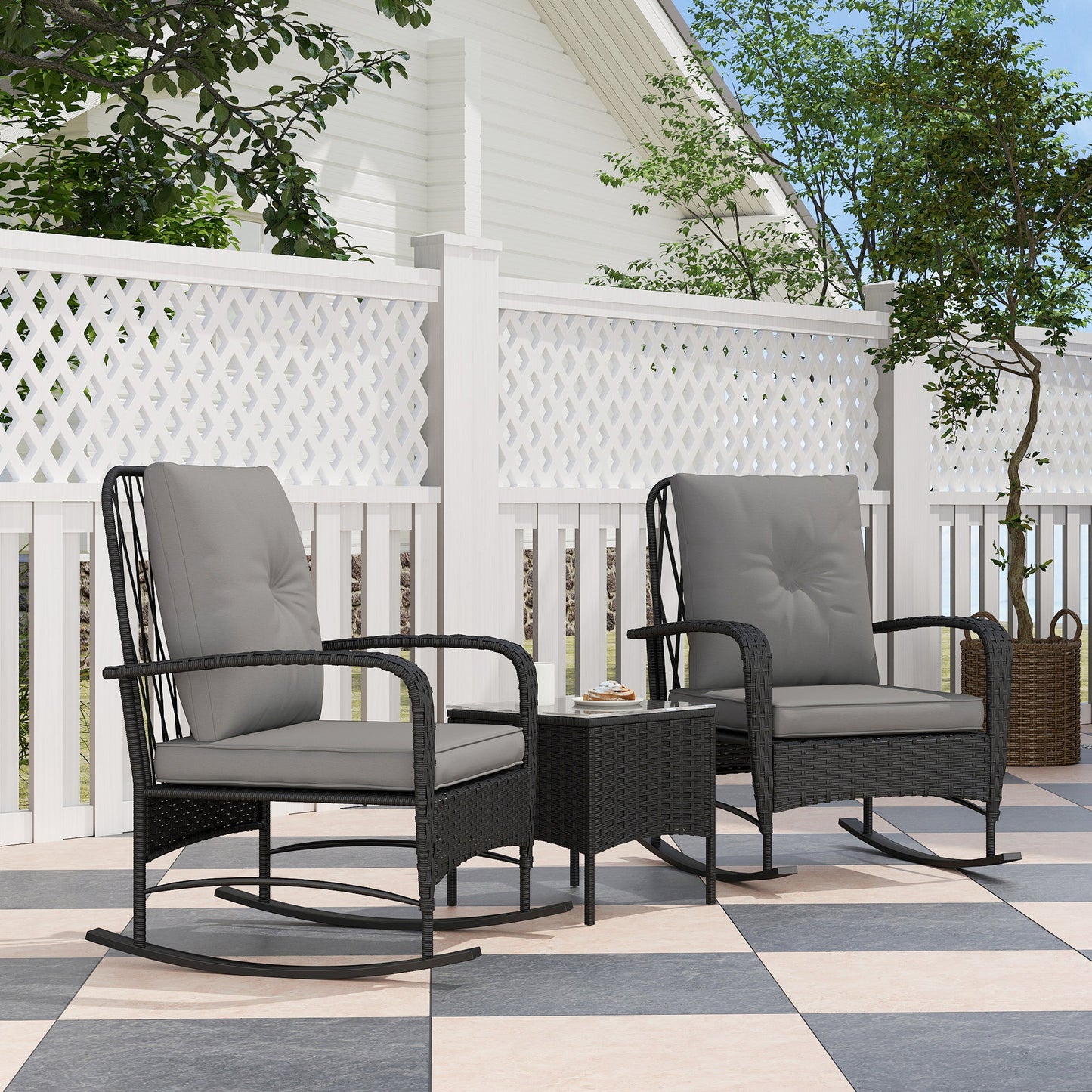3 Pieces Rattan Bistro Set, Wicker Garden Furniture Set with Cushions, Glass Top Coffee Table and Rocking Chairs, Small Balcony Furniture for Outdoor, Porch, Black