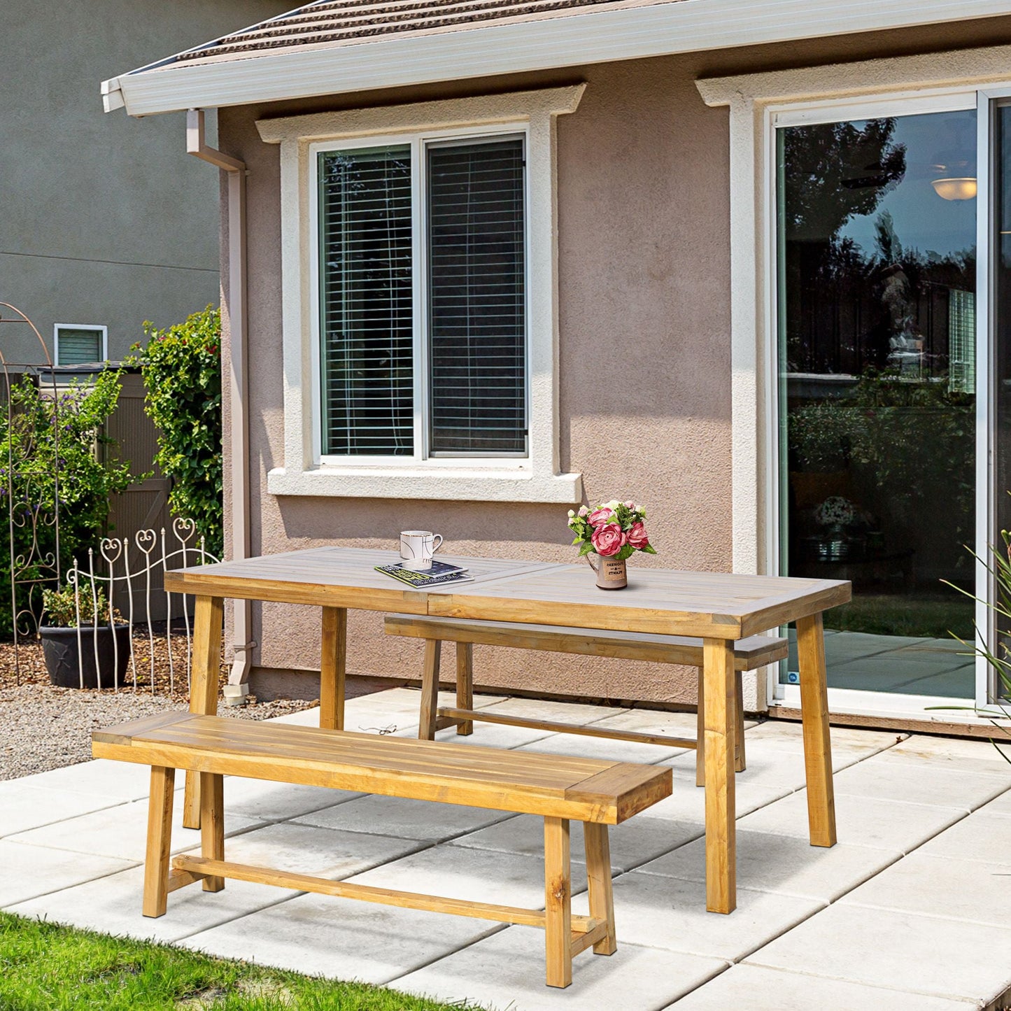 3 Pieces Picnic Bench Set with Table and 2 Benches, Acacia wood Dining Trestle Beer Table and Seat, Natural Wood Finish