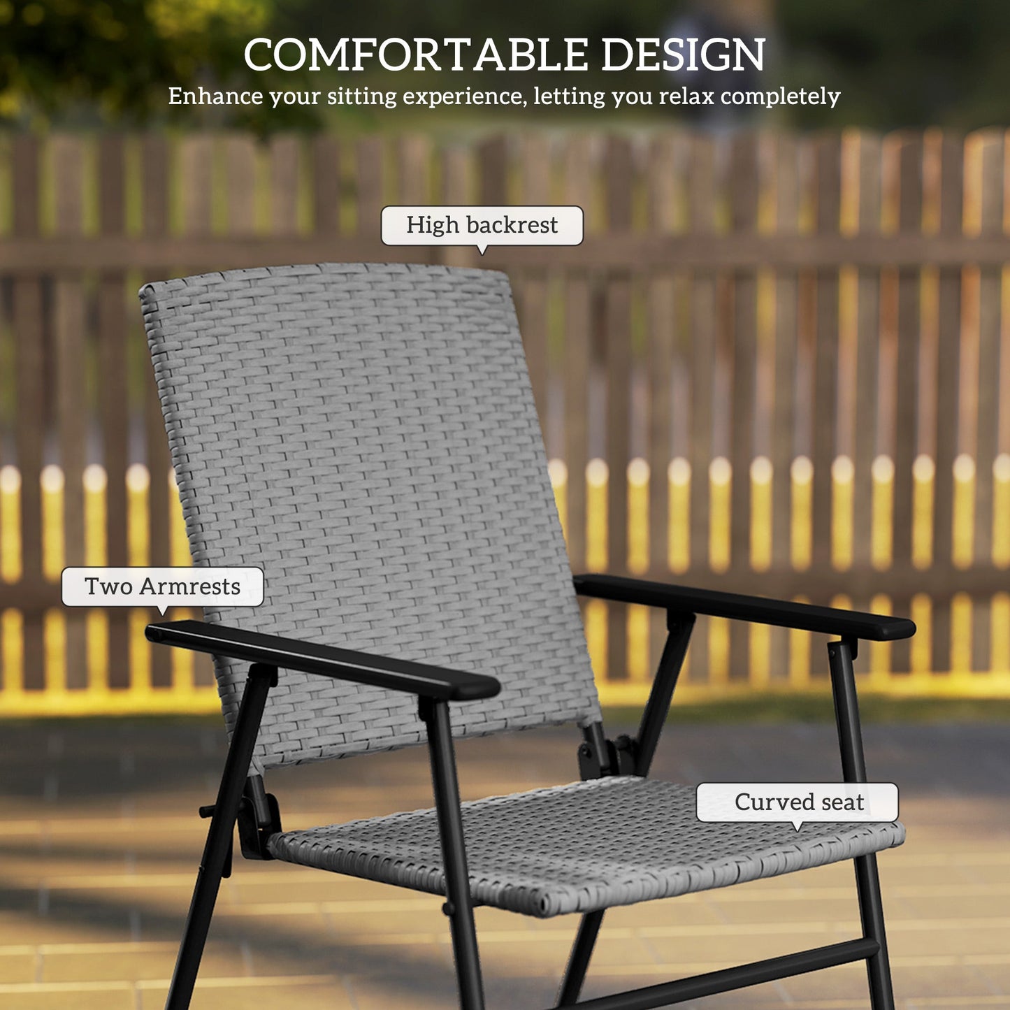 Folding Garden Chairs Set of 2, PE Rattan Garden Dining Chairs with Armrests, High Back and Steel Frame, Weather Resistant Outdoor Dining Furniture for Patio, Balcony, Grey
