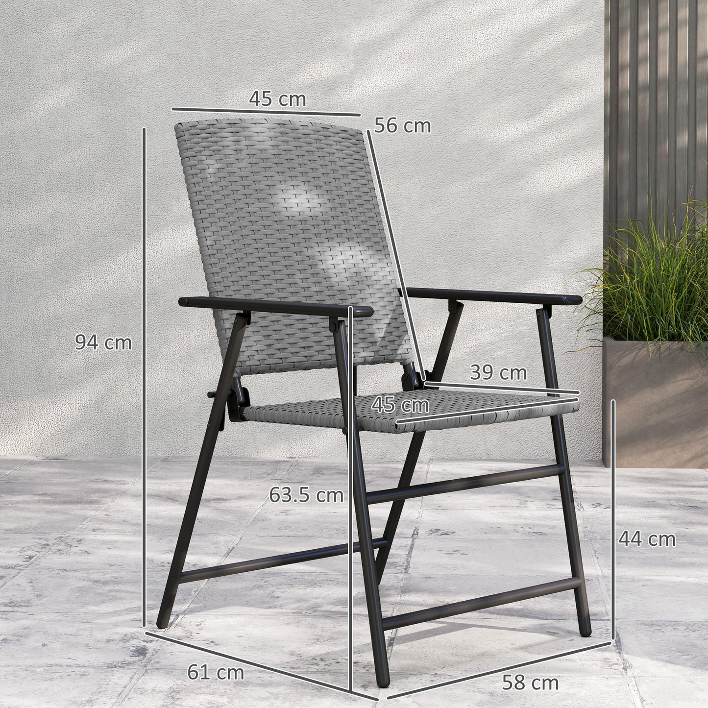 Folding Garden Chairs Set of 2, PE Rattan Garden Dining Chairs with Armrests, High Back and Steel Frame, Weather Resistant Outdoor Dining Furniture for Patio, Balcony, Grey
