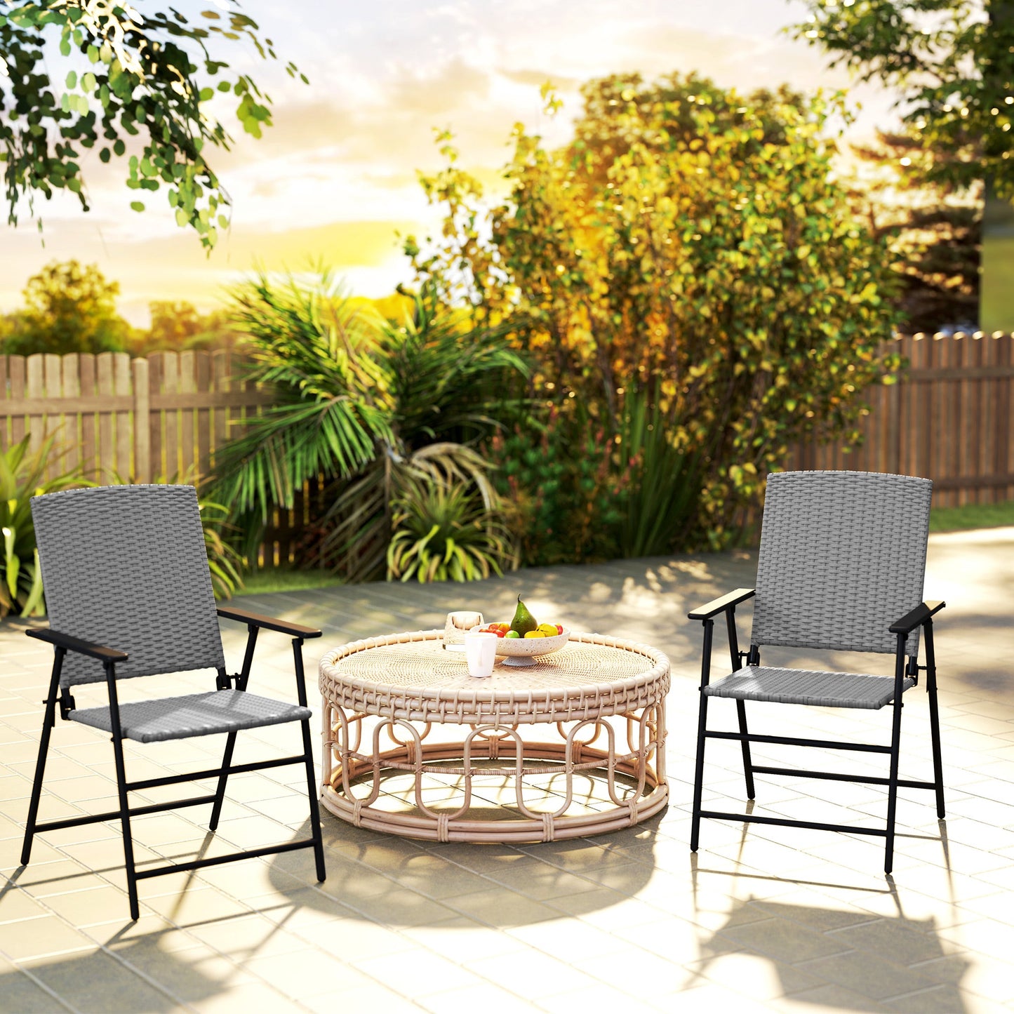 Folding Garden Chairs Set of 2, PE Rattan Garden Dining Chairs with Armrests, High Back and Steel Frame, Weather Resistant Outdoor Dining Furniture for Patio, Balcony, Grey