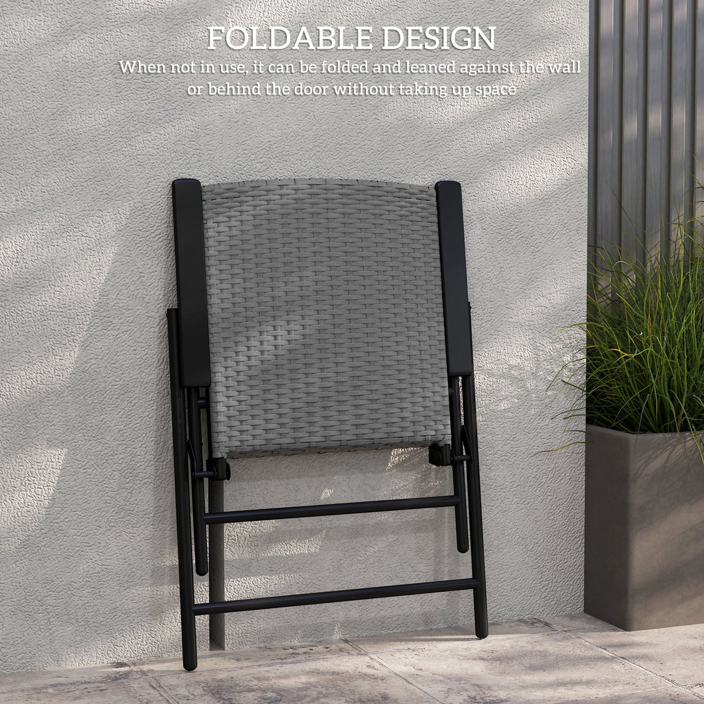 Folding Garden Chairs Set of 2, PE Rattan Garden Dining Chairs with Armrests, High Back and Steel Frame, Weather Resistant Outdoor Dining Furniture for Patio, Balcony, Grey