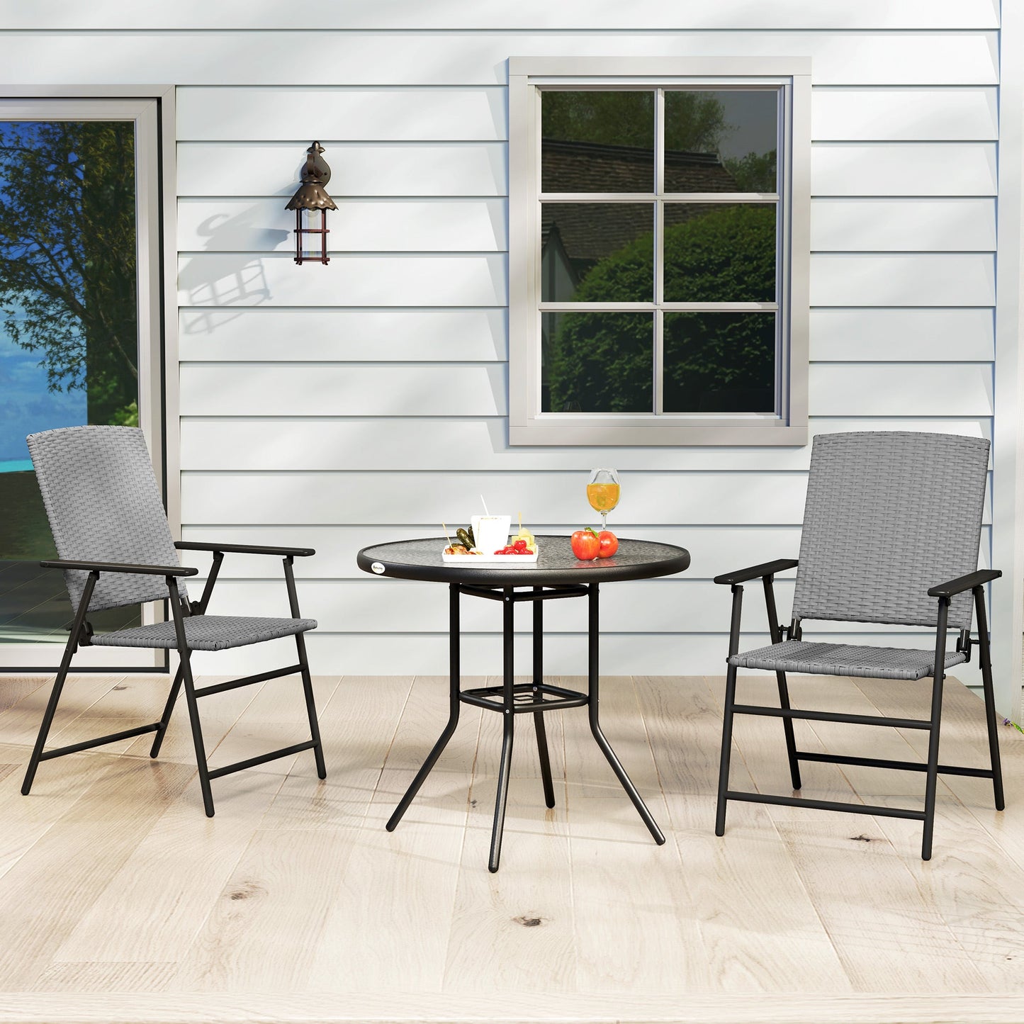 Folding Garden Chairs Set of 2, PE Rattan Garden Dining Chairs with Armrests, High Back and Steel Frame, Weather Resistant Outdoor Dining Furniture for Patio, Balcony, Grey