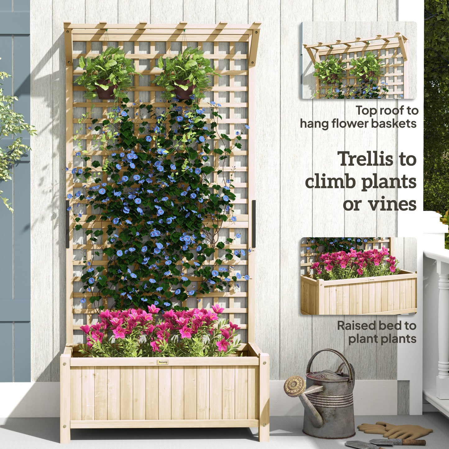 Wood Planter with Trellis for Climbing Plants, Raised Bed, Planter Box with Drainage Holes to Grow Vegetables, Herbs and Flowers for Garden, Patio, Yard, Natural Wood Finish