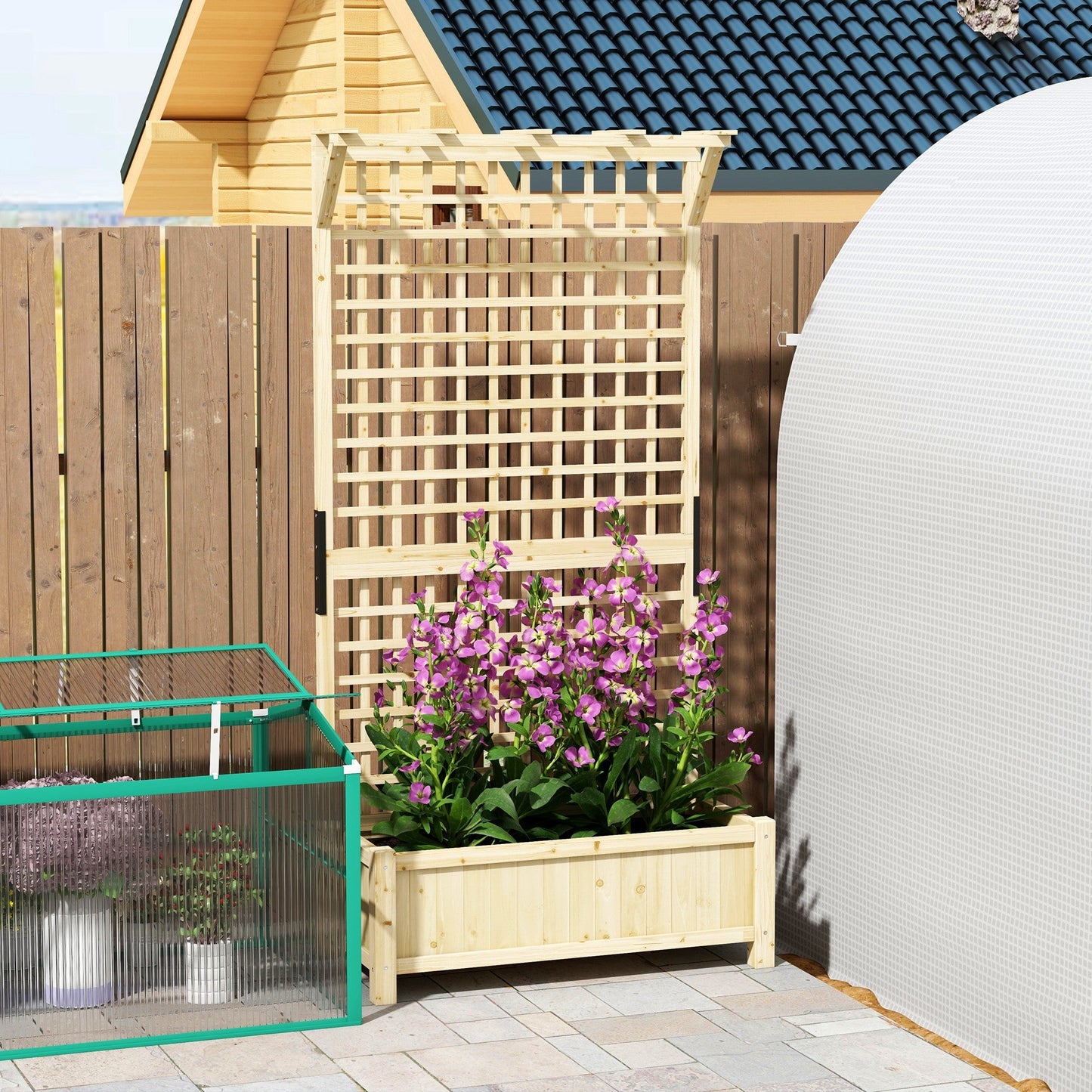 Wood Planter with Trellis for Climbing Plants, Raised Bed, Planter Box with Drainage Holes to Grow Vegetables, Herbs and Flowers for Garden, Patio, Yard, Natural Wood Finish