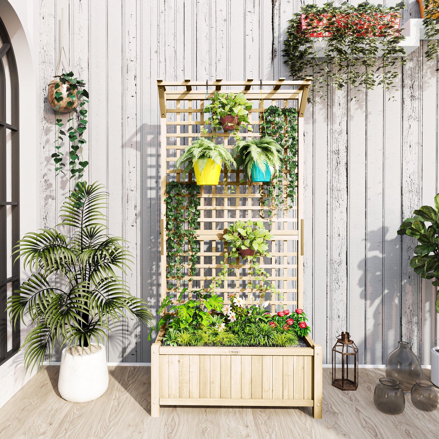 Wood Planter with Trellis for Climbing Plants, Raised Bed, Planter Box with Drainage Holes to Grow Vegetables, Herbs and Flowers for Garden, Patio, Yard, Natural Wood Finish