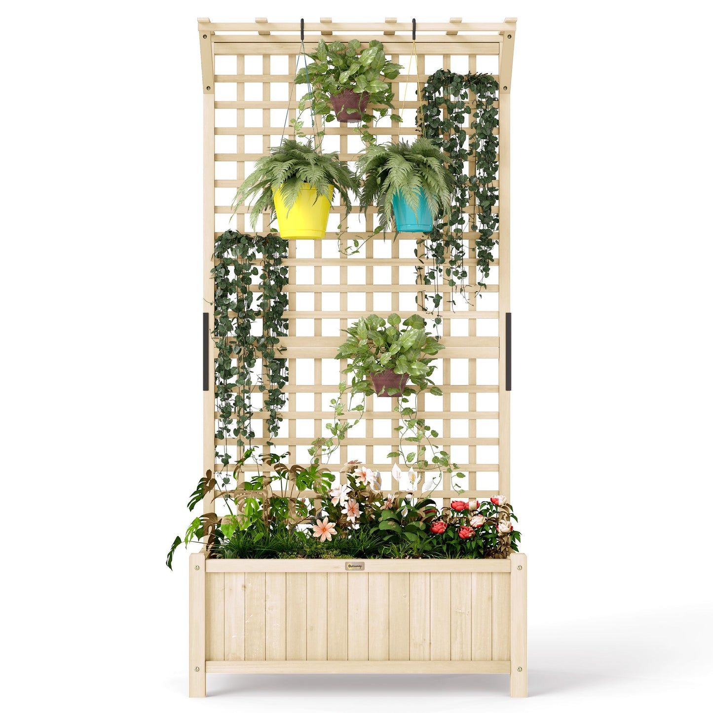 Wood Planter with Trellis for Climbing Plants, Raised Bed, Planter Box with Drainage Holes to Grow Vegetables, Herbs and Flowers for Garden, Patio, Yard, Natural Wood Finish