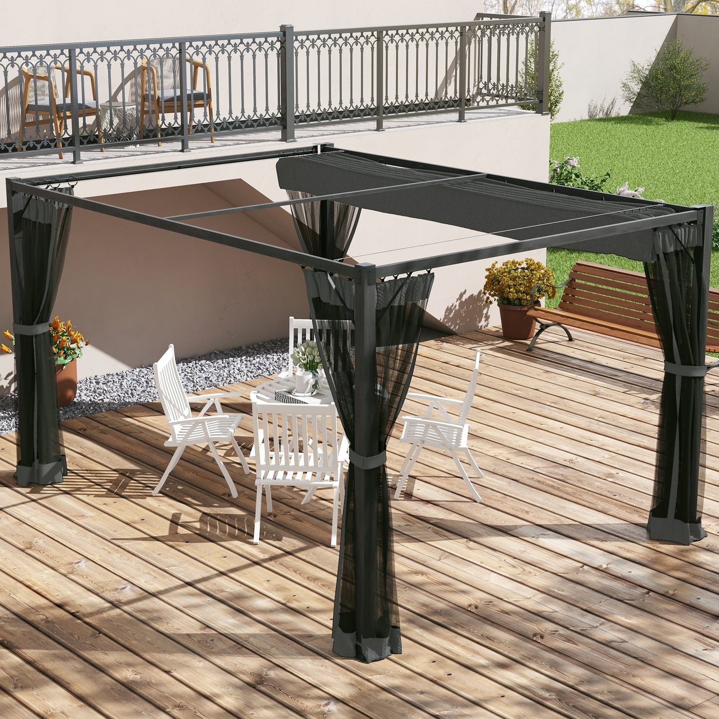3 x 4 m Pergola with Retractable Roof Canopy and Netting Sidewalls, Aluminium Frame Garden Gazebo Outdoor Sun Shade Shelter for Grill, Patio, Deck, Dark Grey