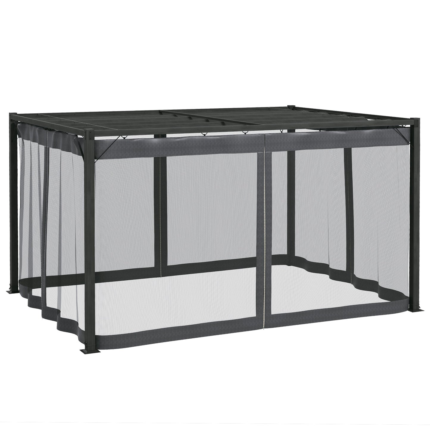3 x 4 m Pergola with Retractable Roof Canopy and Netting Sidewalls, Aluminium Frame Garden Gazebo Outdoor Sun Shade Shelter for Grill, Patio, Deck, Dark Grey