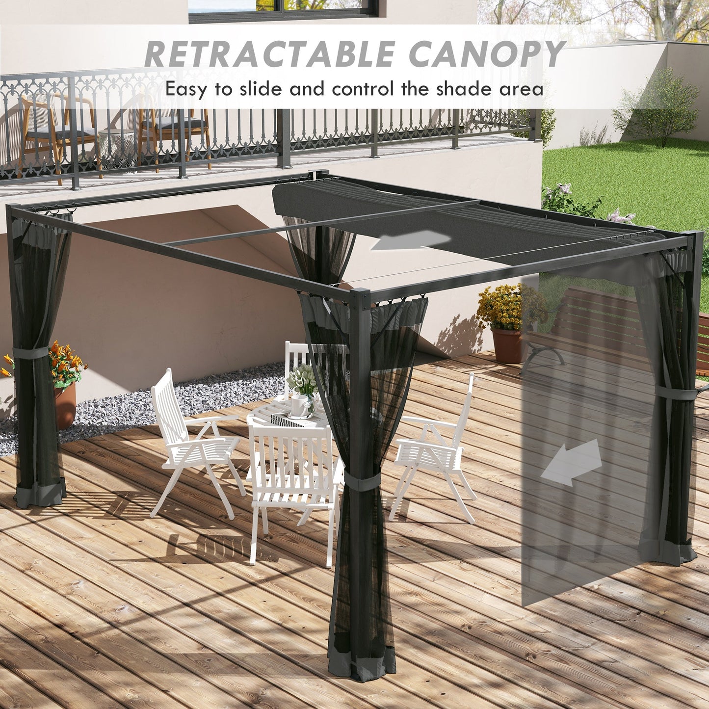 3 x 4 m Pergola with Retractable Roof Canopy and Netting Sidewalls, Aluminium Frame Garden Gazebo Outdoor Sun Shade Shelter for Grill, Patio, Deck, Dark Grey