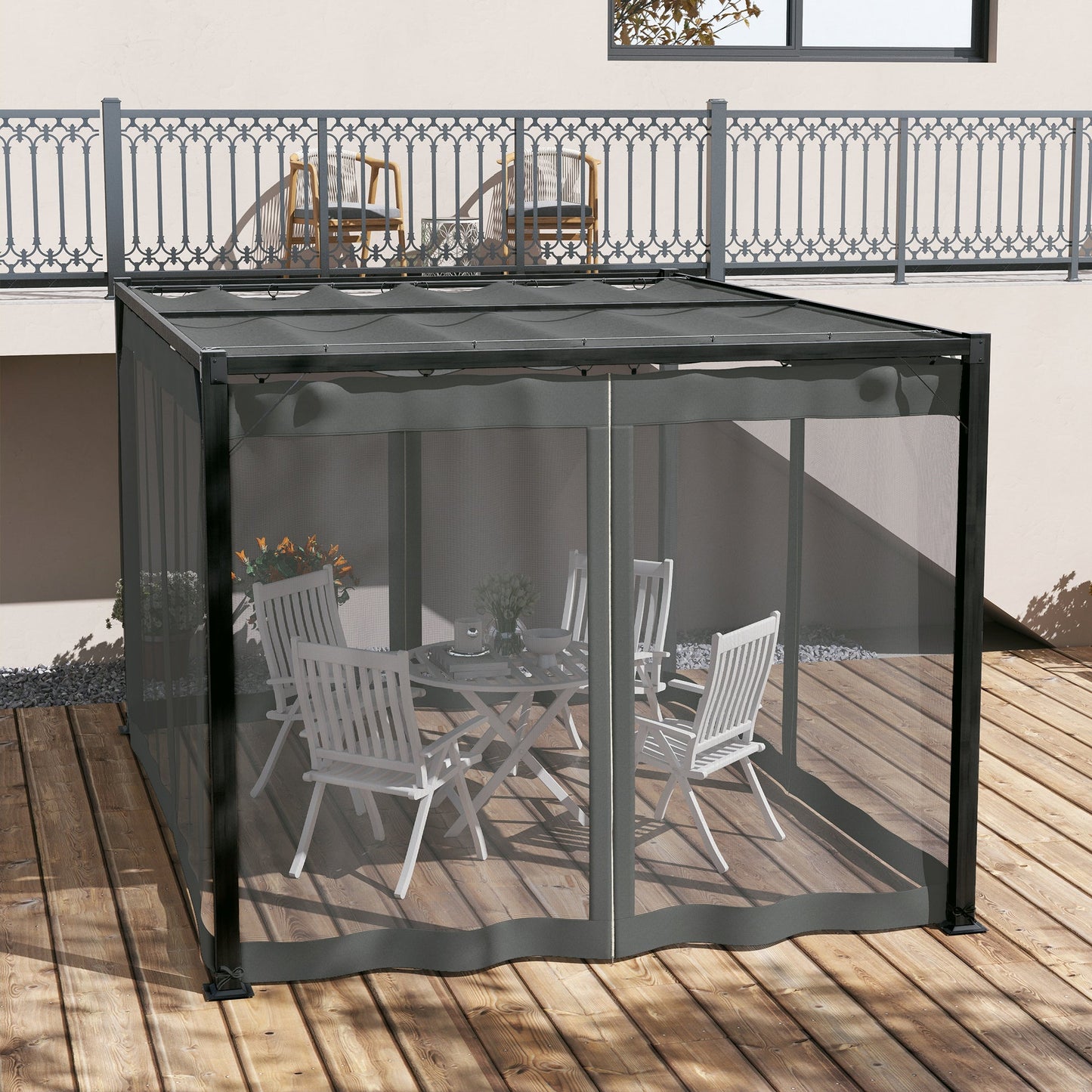 3 x 4 m Pergola with Retractable Roof Canopy and Netting Sidewalls, Aluminium Frame Garden Gazebo Outdoor Sun Shade Shelter for Grill, Patio, Deck, Dark Grey